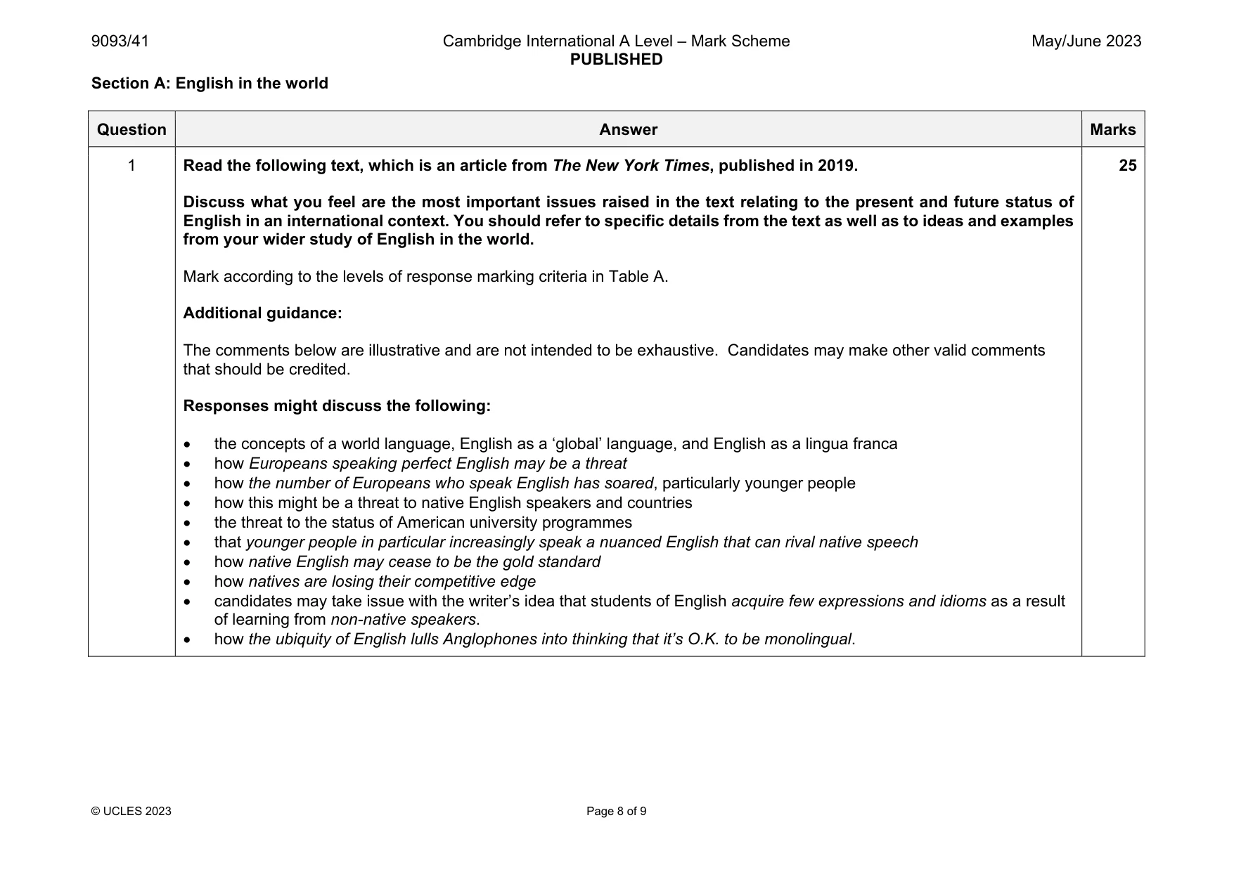 Mark scheme, page 8 of 9