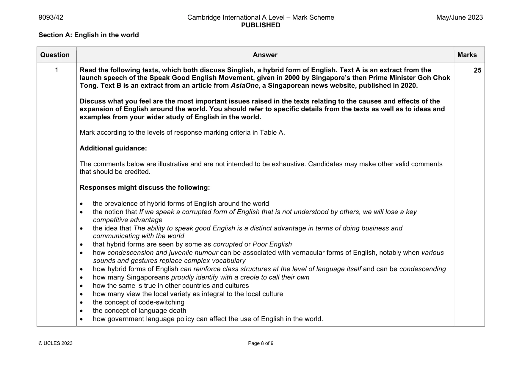 Mark scheme, page 8 of 9