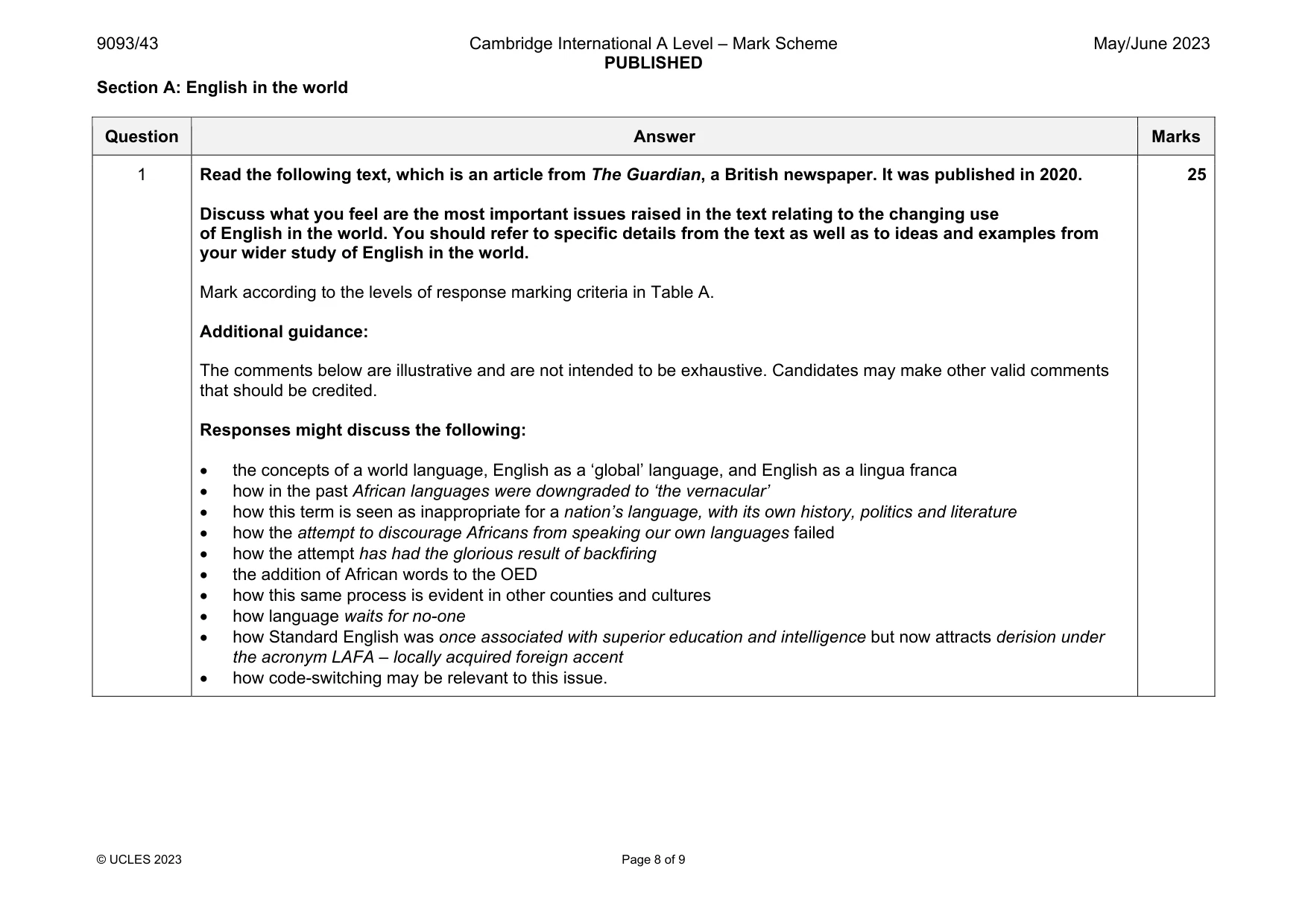 Mark scheme, page 8 of 9