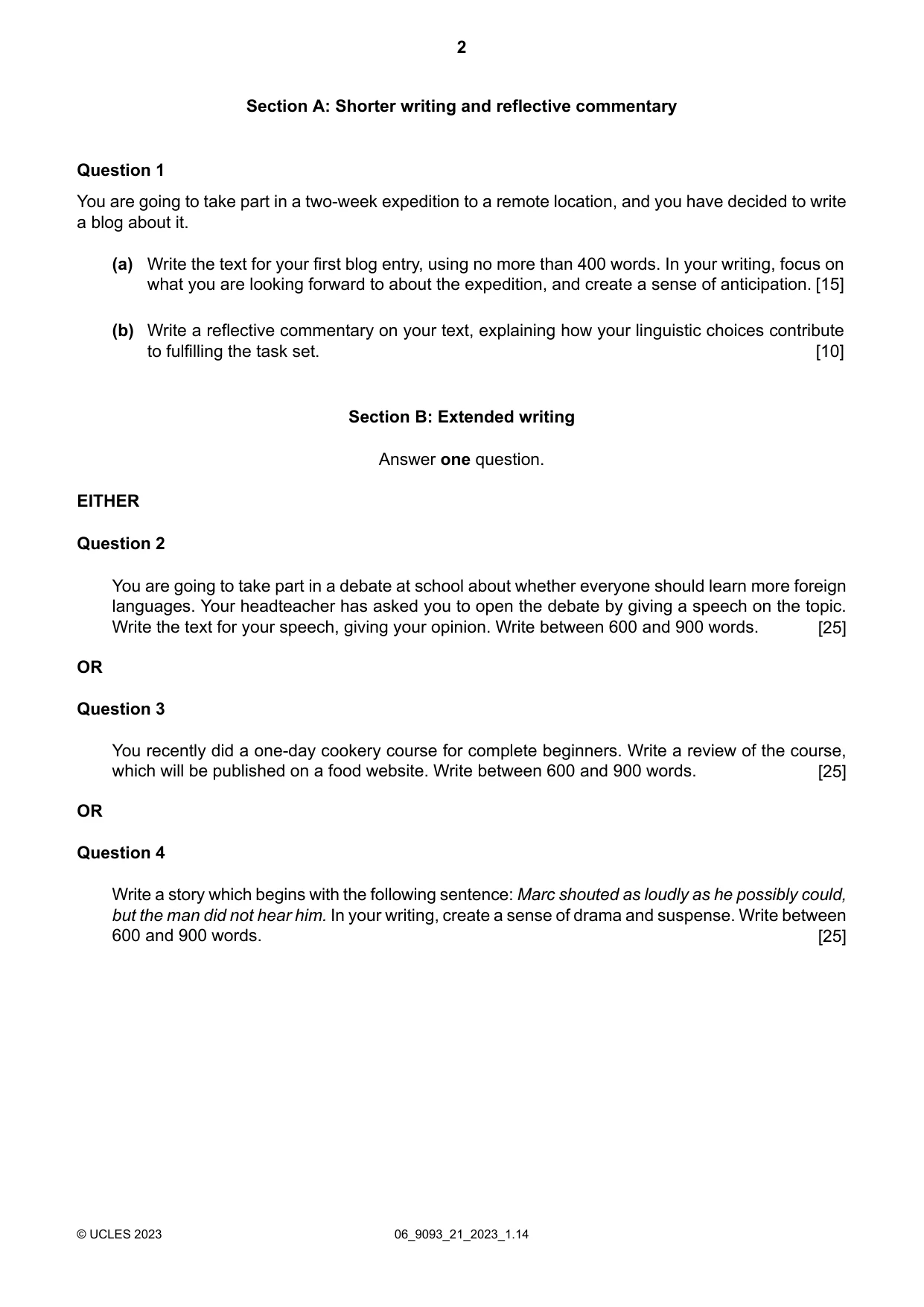 Cambridge A Level English - Language AS and A Level (from 2014) 9093 2023 May/June Paper 2 · Variant 1 question paper, page 2 of 4