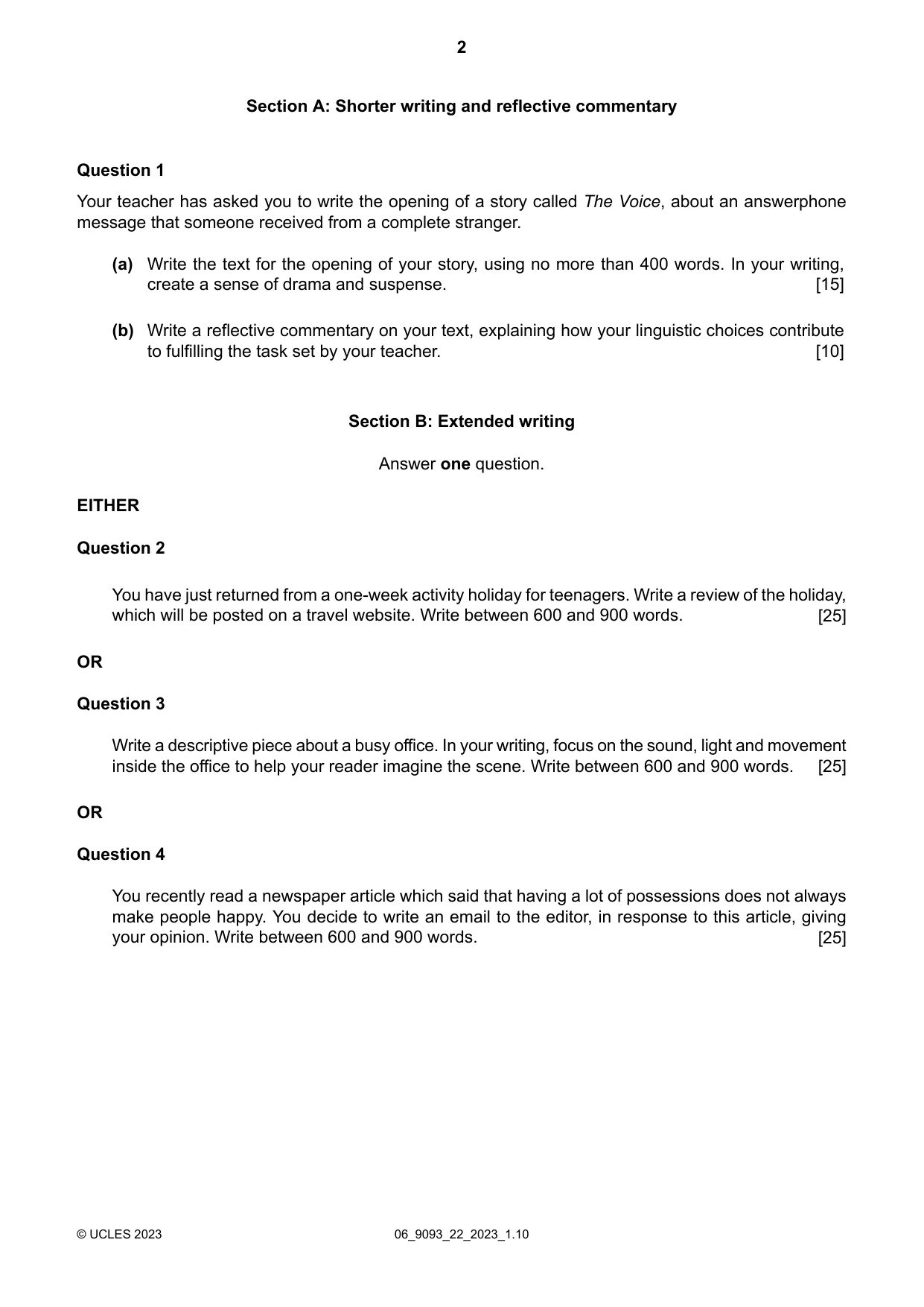 Cambridge A Level English - Language AS and A Level (from 2014) 9093 2023 May/June Paper 2 · Variant 2 question paper, page 2 of 4