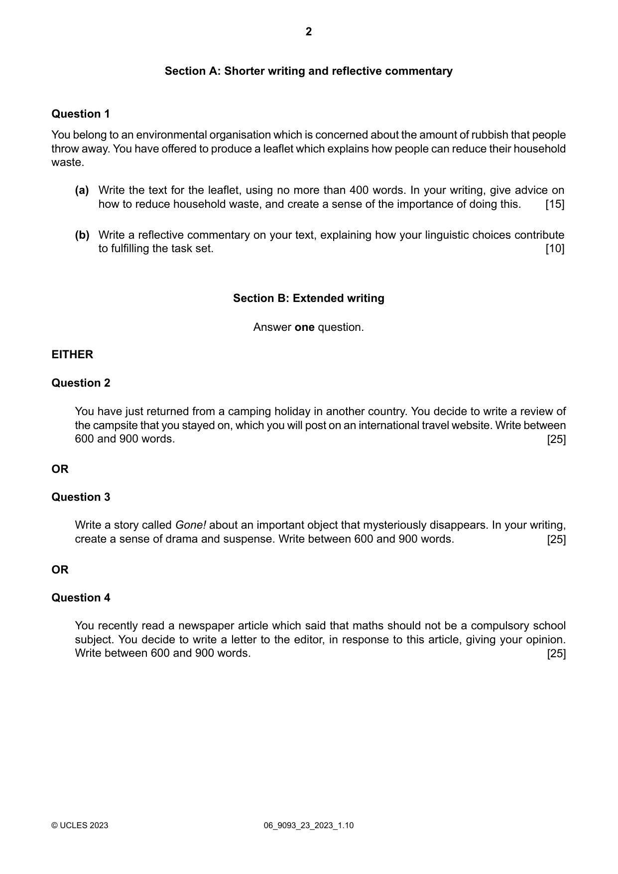 Cambridge A Level English - Language AS and A Level (from 2014) 9093 2023 May/June Paper 2 · Variant 3 question paper, page 2 of 4