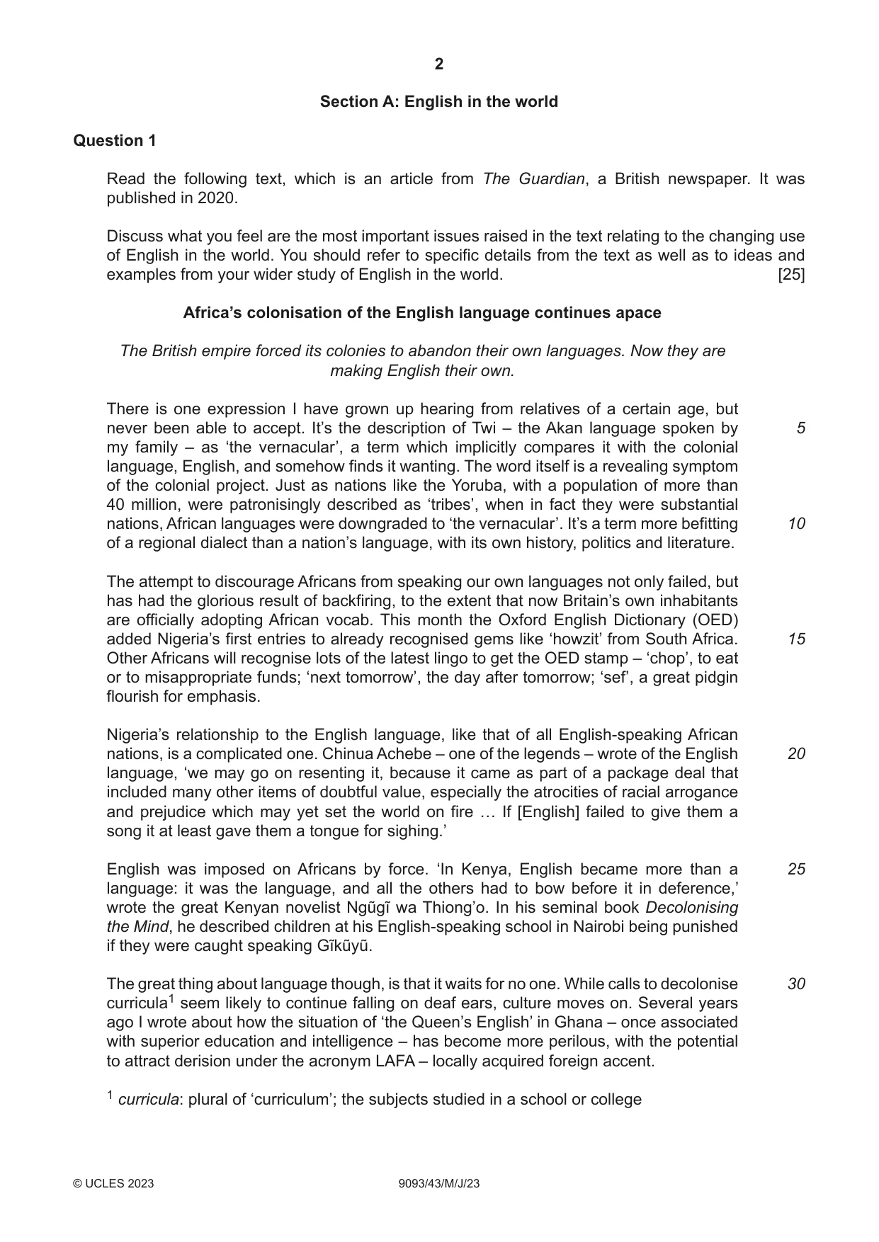 Cambridge A Level English - Language AS and A Level (from 2014) 9093 2023 May/June Paper 4 · Variant 3 question paper, page 2 of 4