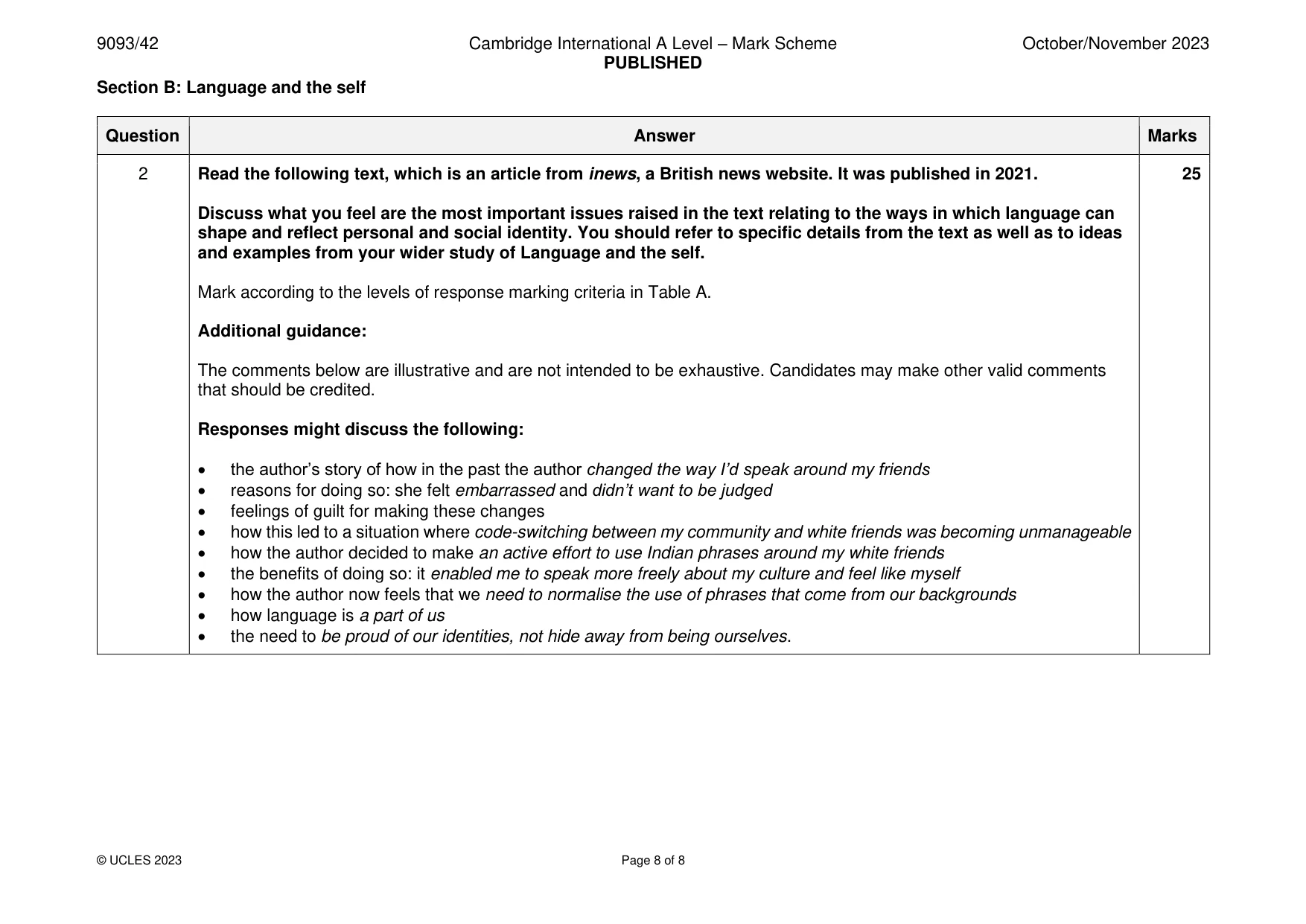 Mark scheme, page 8 of 8