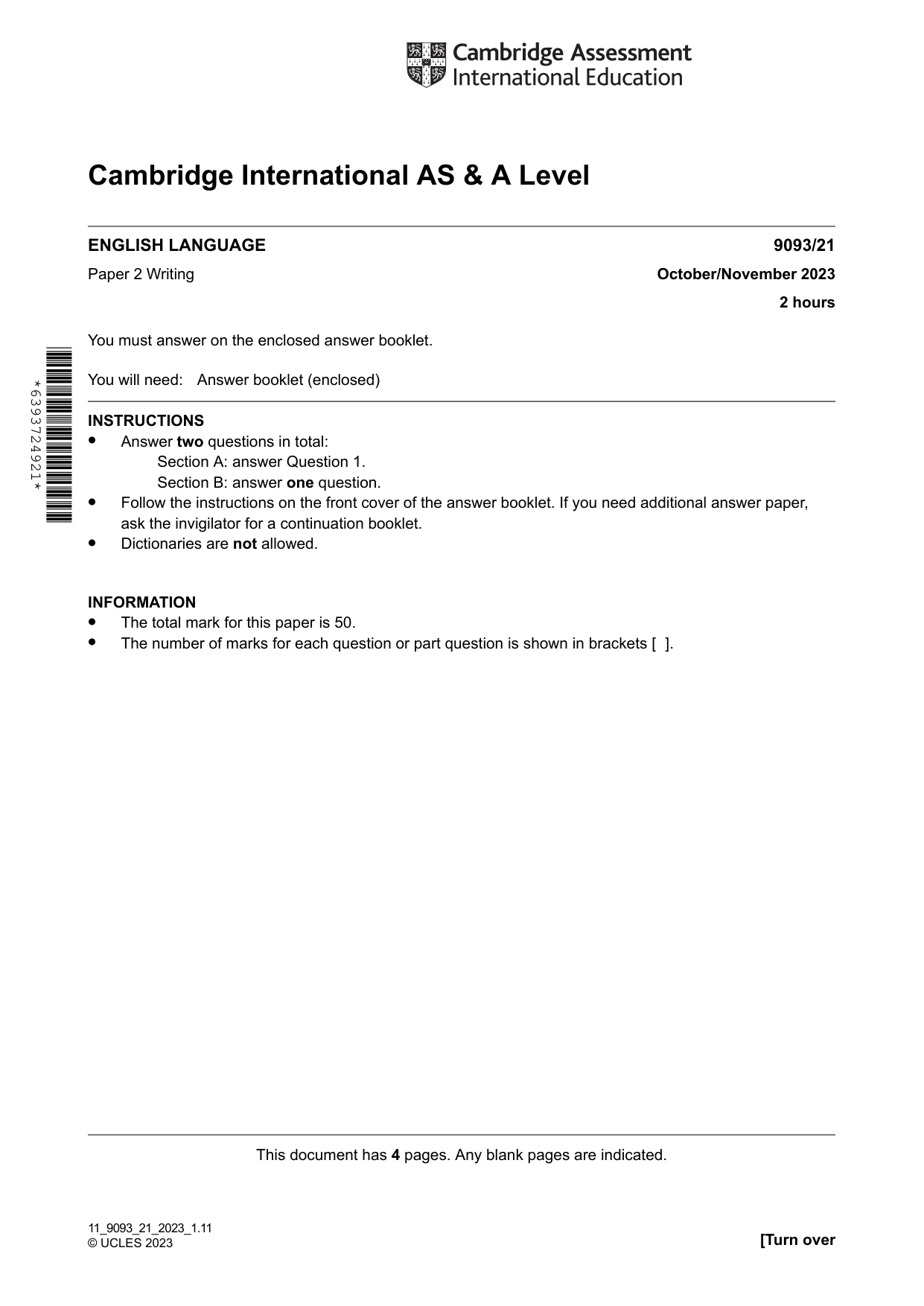 Cambridge A Level English - Language AS and A Level (from 2014) 9093 2023 Oct/Nov Paper 2 · Variant 1 question paper, page 1 of 4