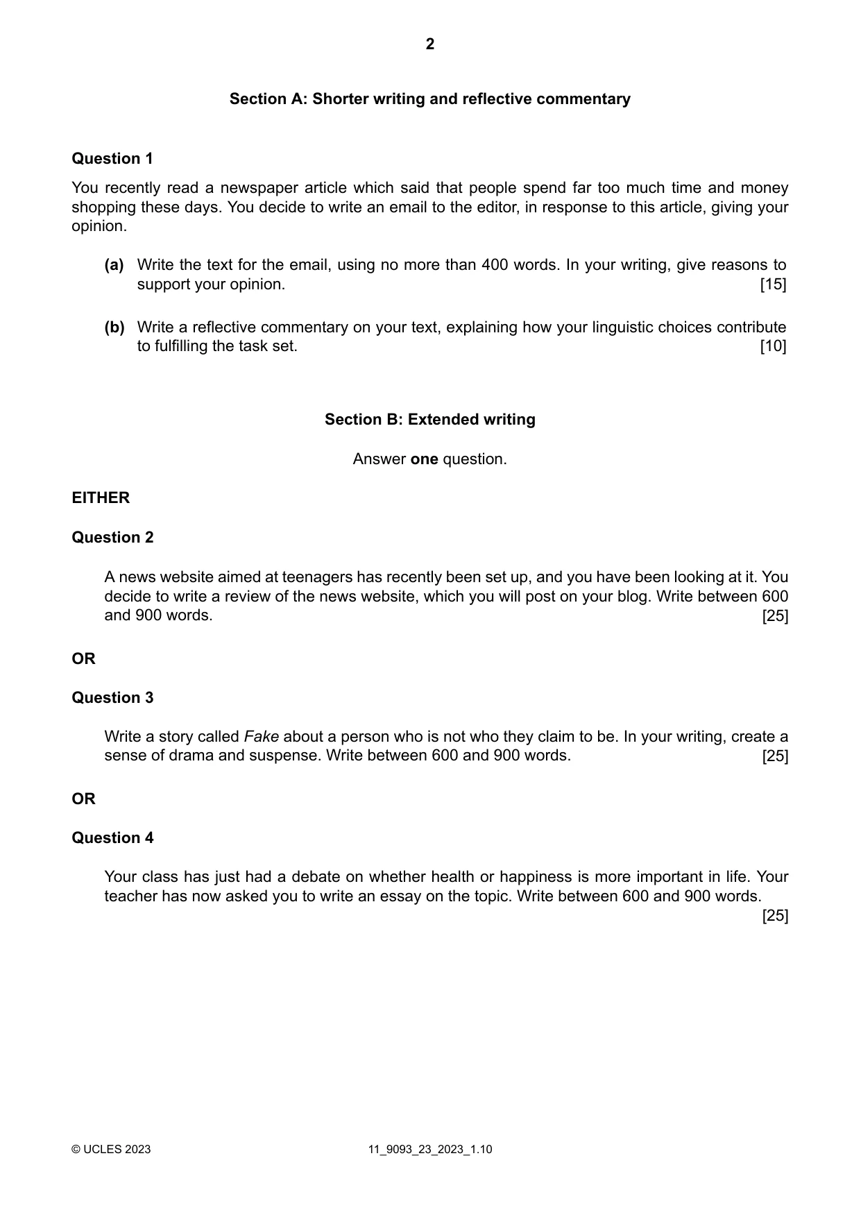 Cambridge A Level English - Language AS and A Level (from 2014) 9093 2023 Oct/Nov Paper 2 · Variant 3 question paper, page 2 of 4
