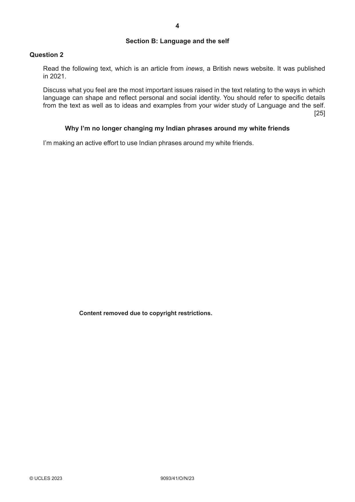 Cambridge A Level English - Language AS and A Level (from 2014) 9093 2023 Oct/Nov Paper 4 · Variant 1 question paper, page 4 of 8