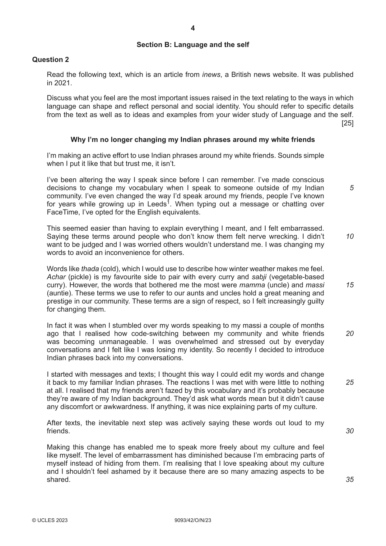 Cambridge A Level English - Language AS and A Level (from 2014) 9093 2023 Oct/Nov Paper 4 · Variant 2 question paper, page 4 of 8