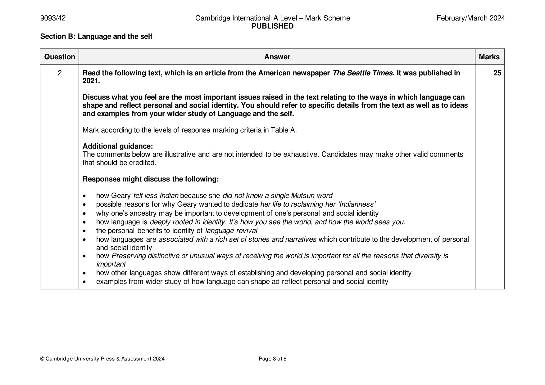 Mark scheme, page 8 of 8