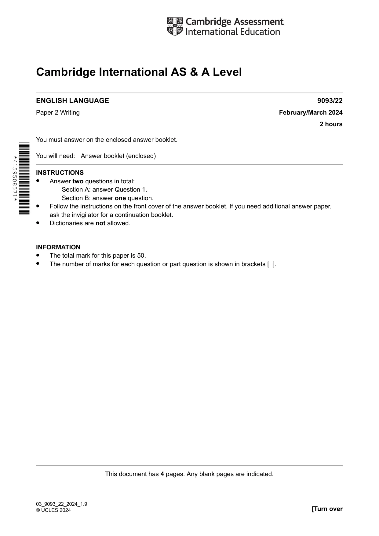 Cambridge A Level English - Language AS and A Level (from 2014) 9093 2024 Feb/March Paper 2 · Variant 2 question paper, page 1 of 4