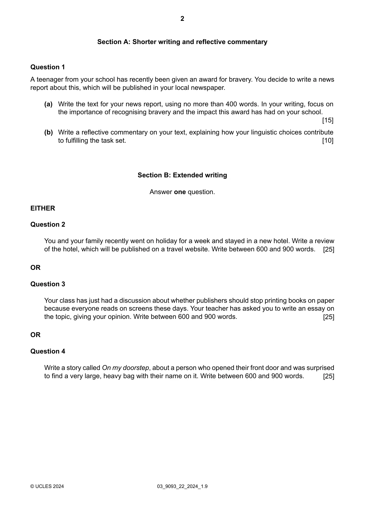 Cambridge A Level English - Language AS and A Level (from 2014) 9093 2024 Feb/March Paper 2 · Variant 2 question paper, page 2 of 4