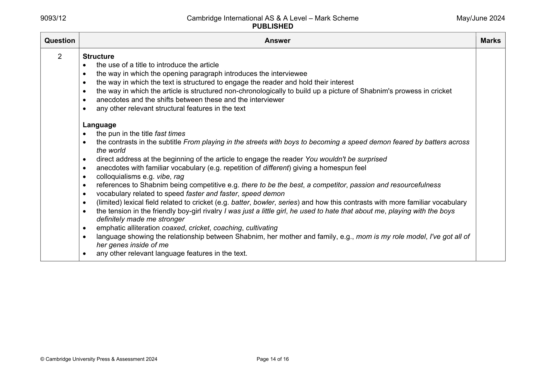 Mark scheme, page 14 of 16