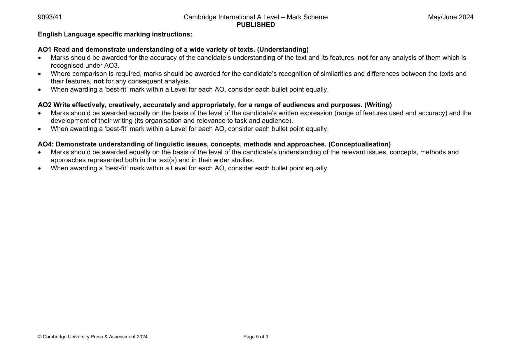 Mark scheme, page 5 of 9