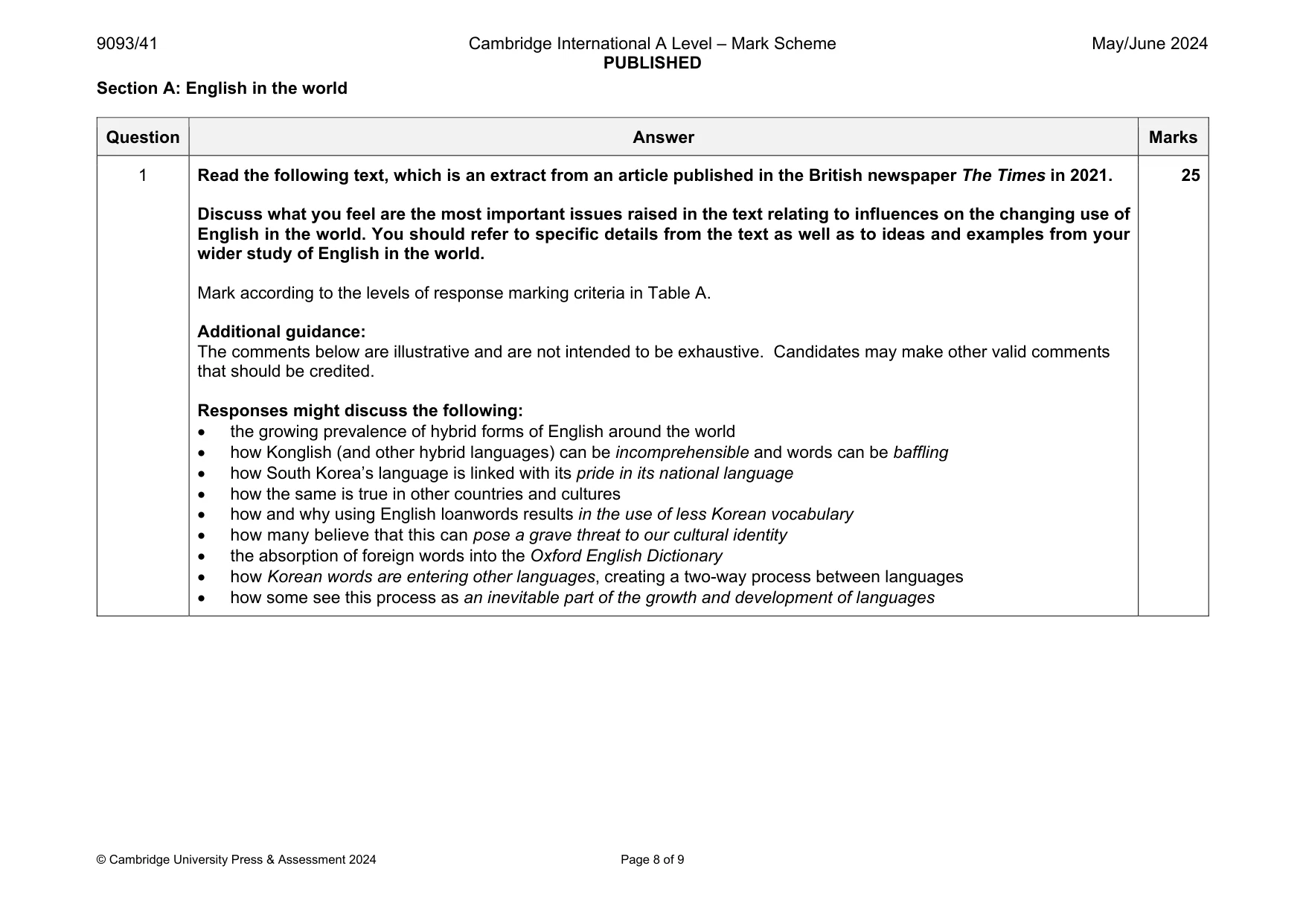 Mark scheme, page 8 of 9