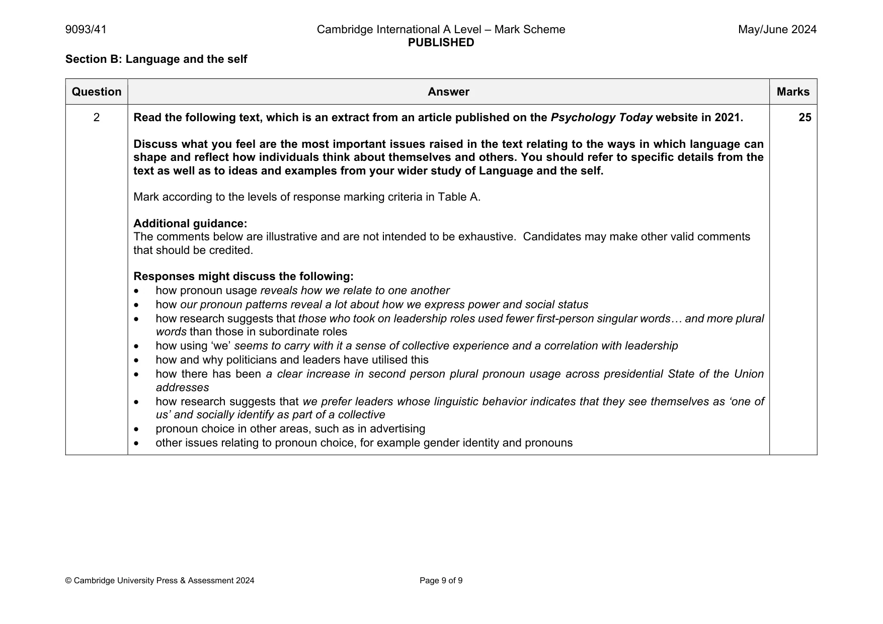 Mark scheme, page 9 of 9