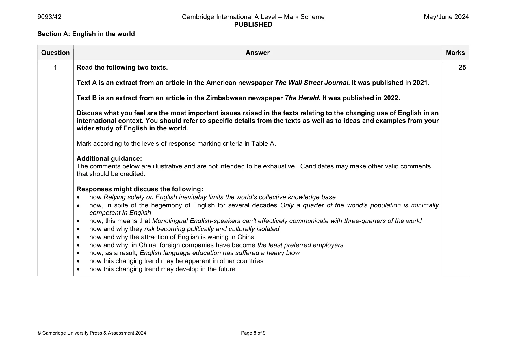 Mark scheme, page 8 of 9