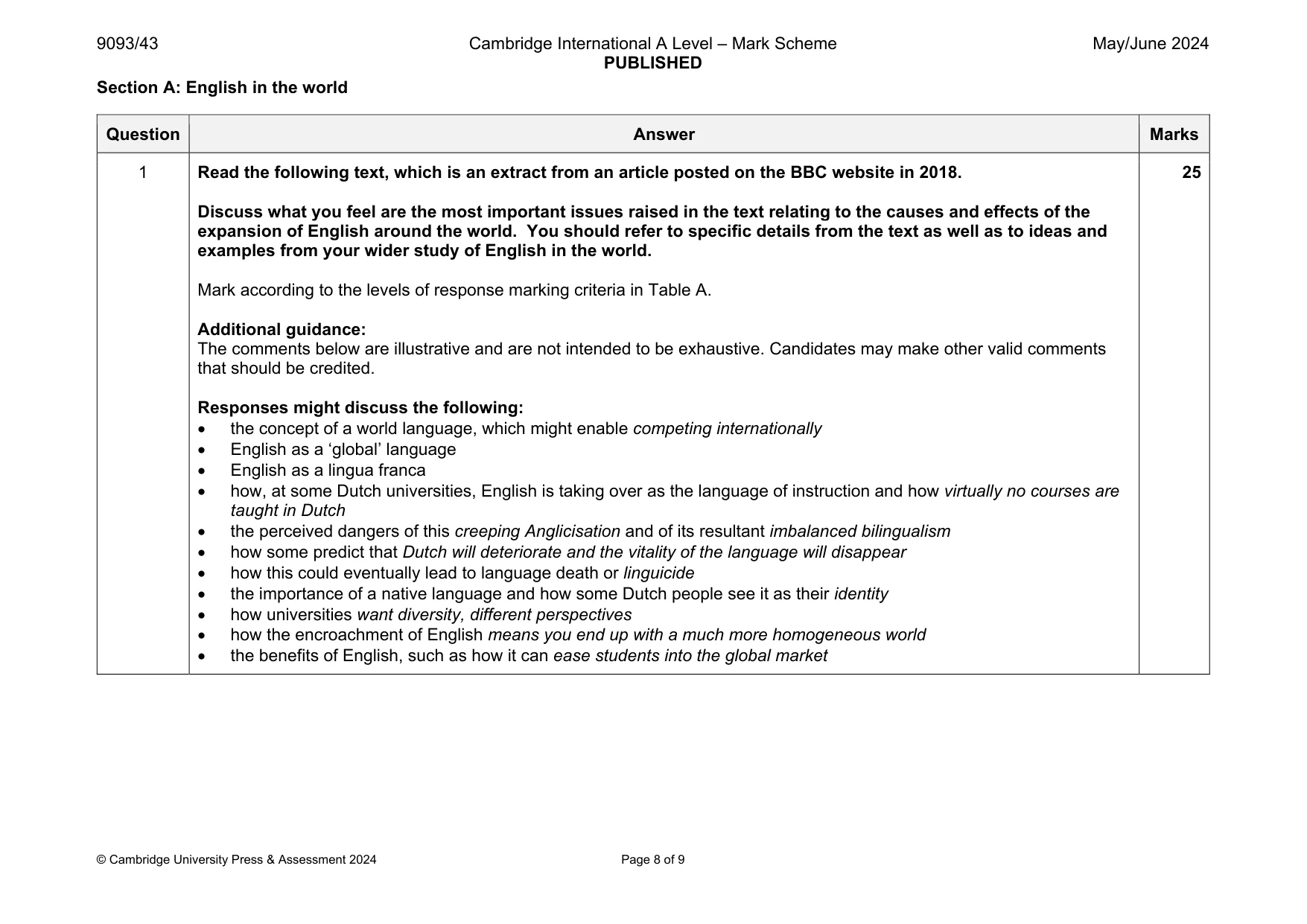 Mark scheme, page 8 of 9