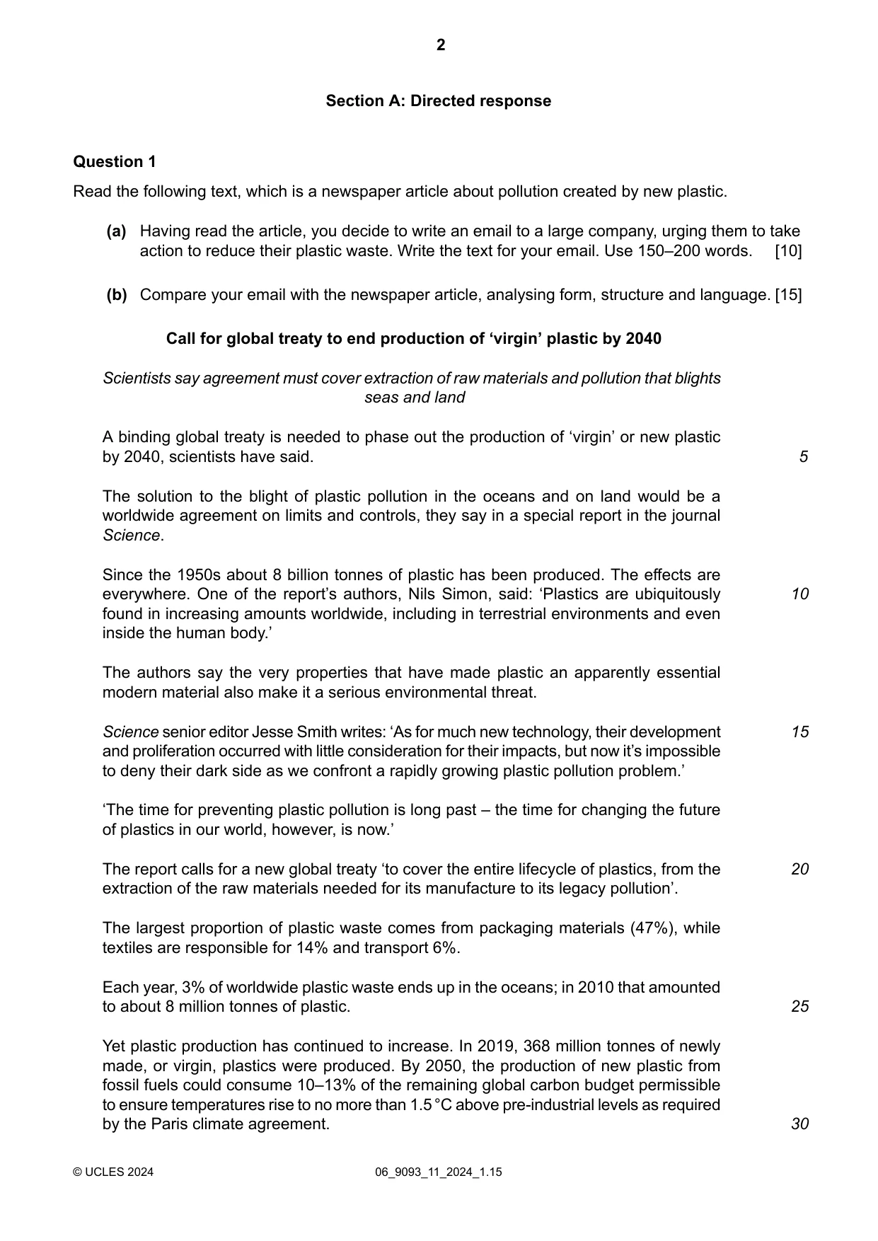 Cambridge A Level English - Language AS and A Level (from 2014) 9093 2024 May/June Paper 1 · Variant 1 question paper, page 2 of 8