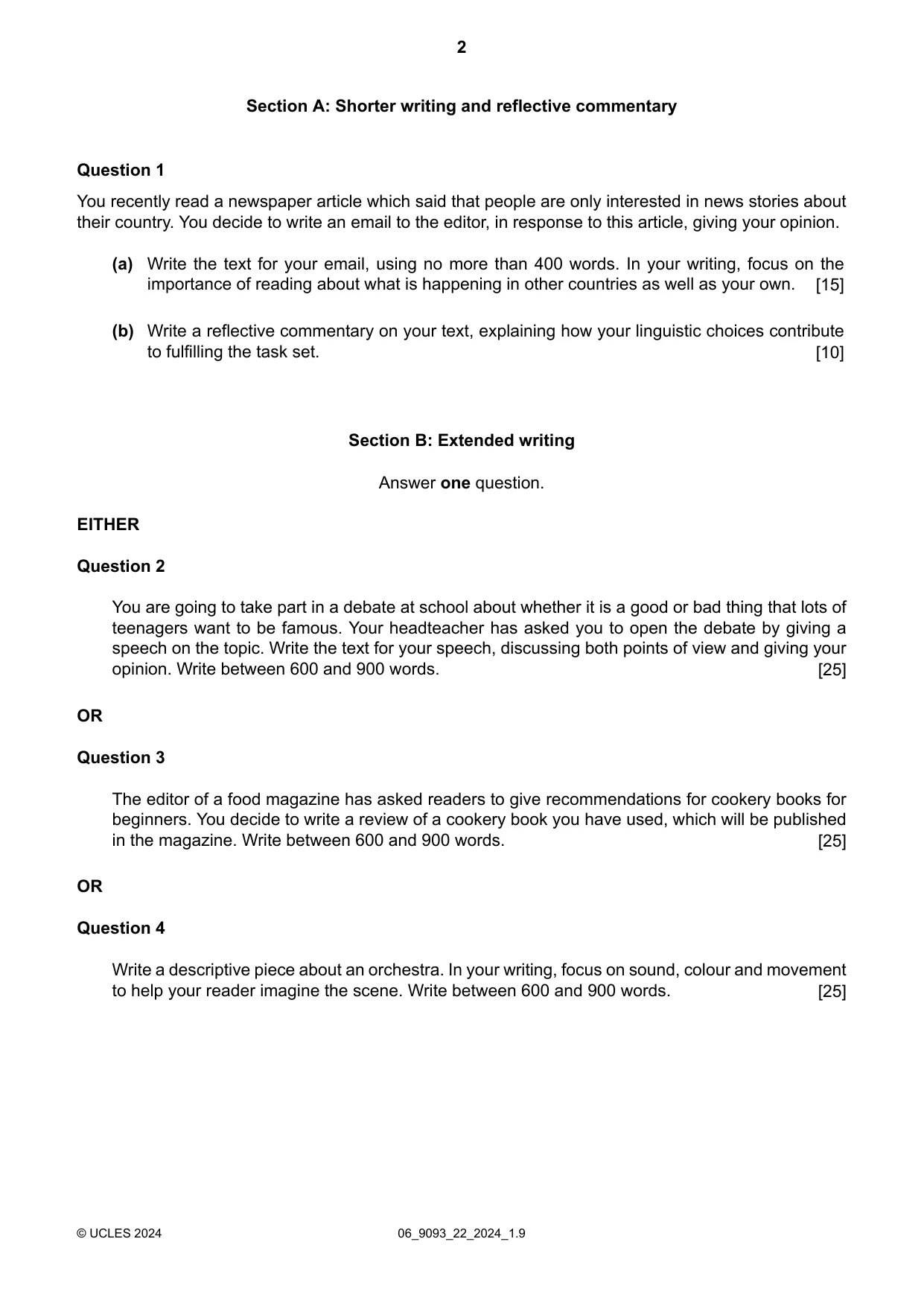 Cambridge A Level English - Language AS and A Level (from 2014) 9093 2024 May/June Paper 2 · Variant 2 question paper, page 2 of 4