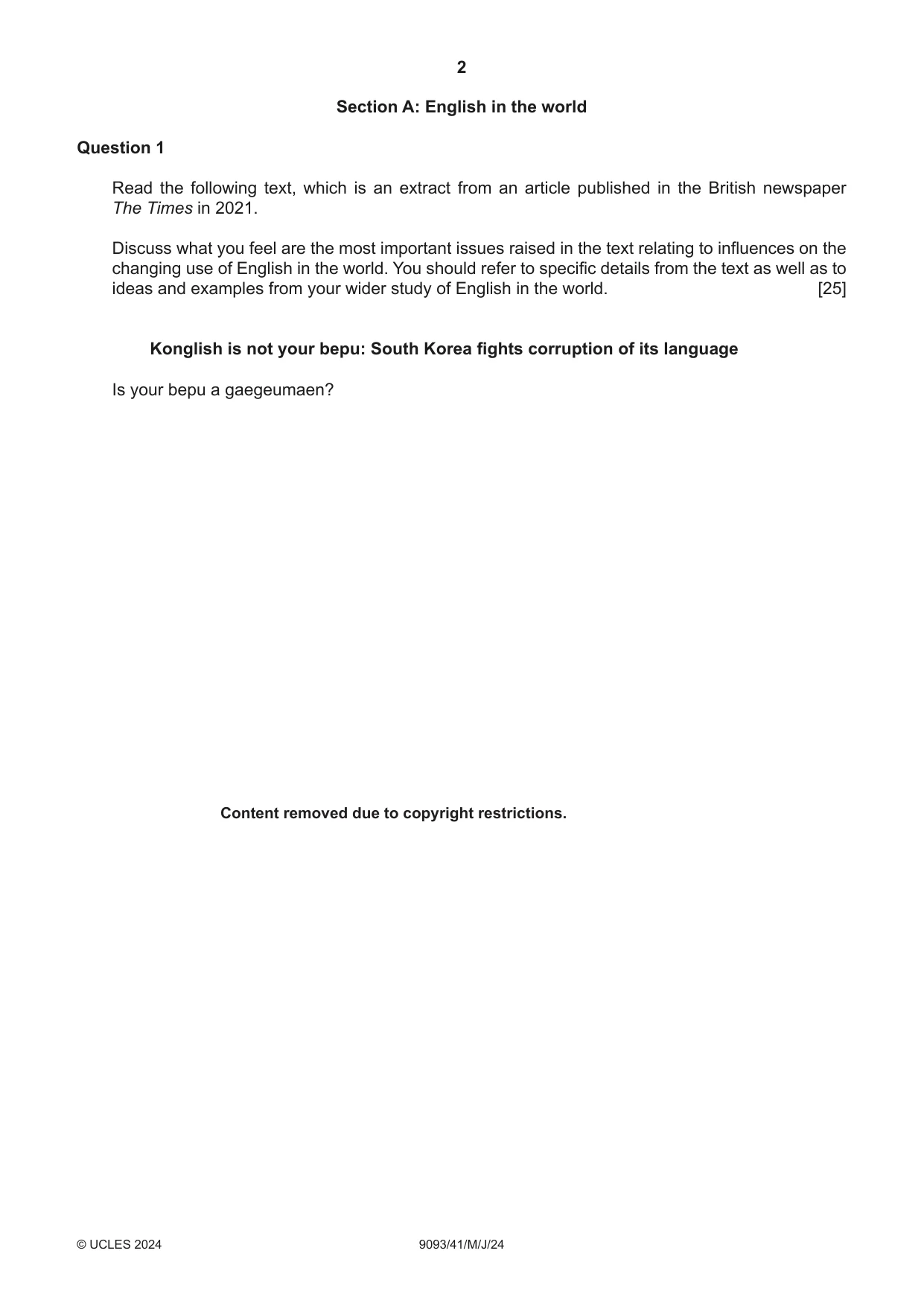 Cambridge A Level English - Language AS and A Level (from 2014) 9093 2024 May/June Paper 4 · Variant 1 question paper, page 2 of 8