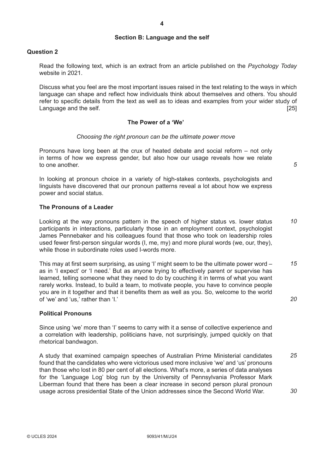 Cambridge A Level English - Language AS and A Level (from 2014) 9093 2024 May/June Paper 4 · Variant 1 question paper, page 4 of 8