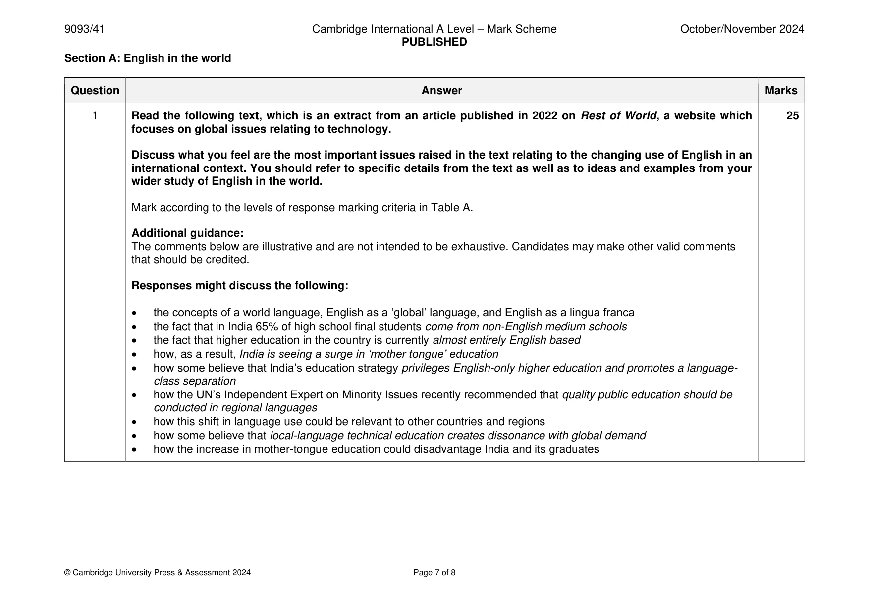 Mark scheme, page 7 of 8