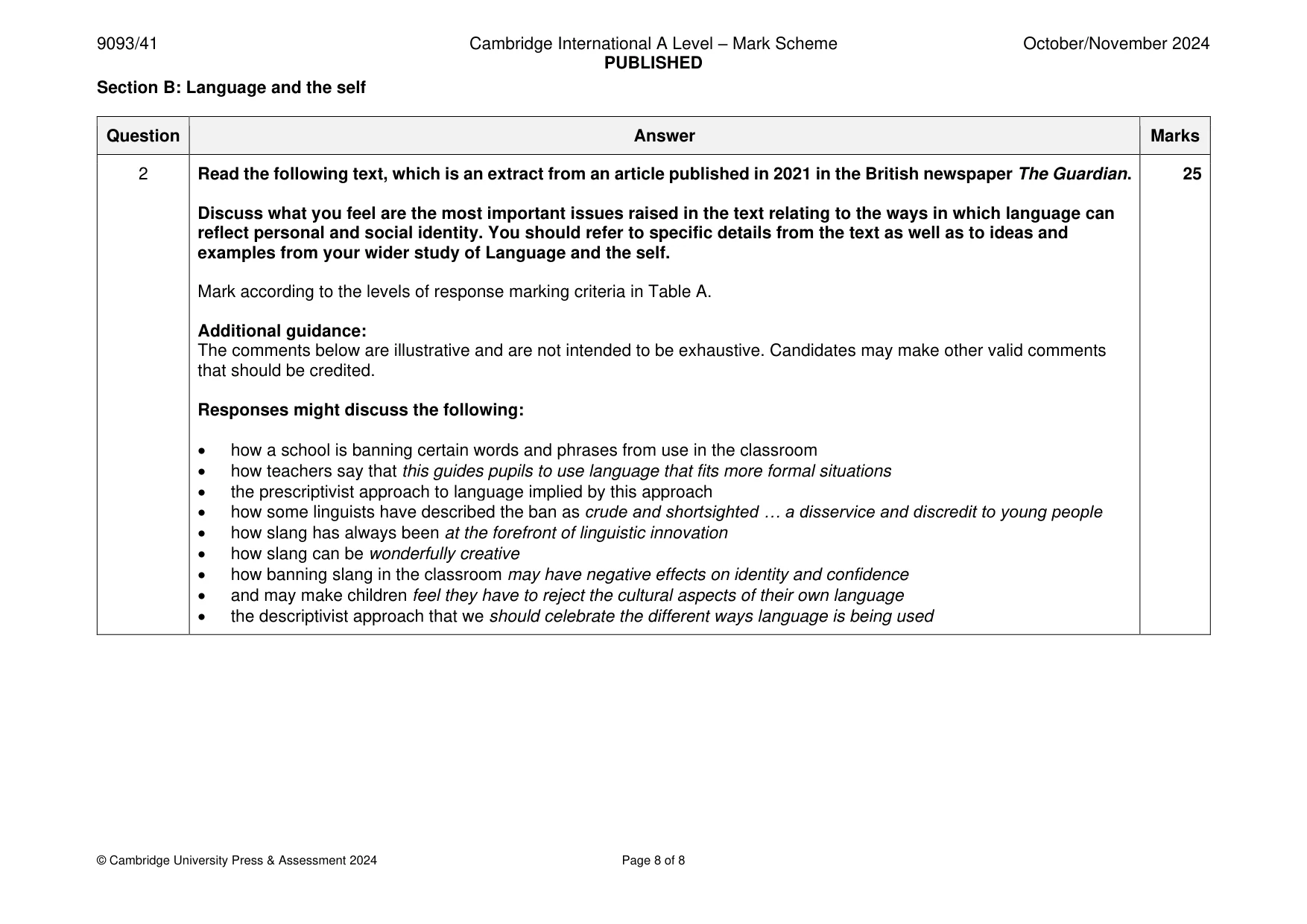 Mark scheme, page 8 of 8