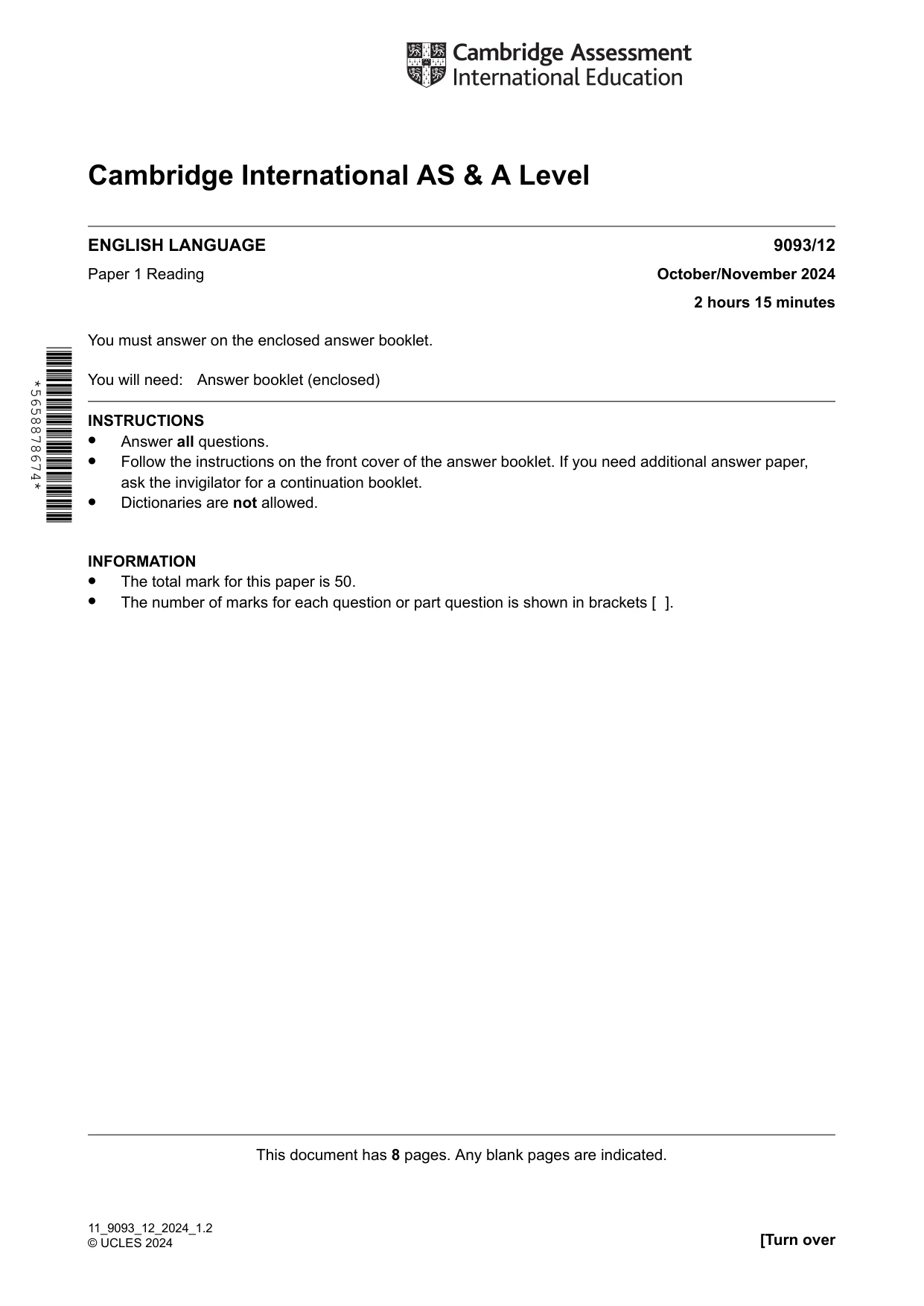 Cambridge A Level English - Language AS and A Level (from 2014) 9093 2024 Oct/Nov Paper 1 · Variant 2 question paper, page 1 of 8
