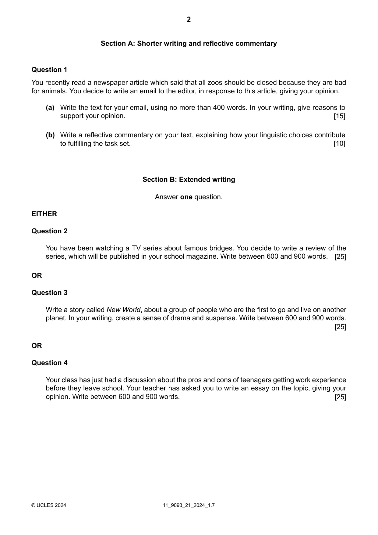 Cambridge A Level English - Language AS and A Level (from 2014) 9093 2024 Oct/Nov Paper 2 · Variant 1 question paper, page 2 of 4