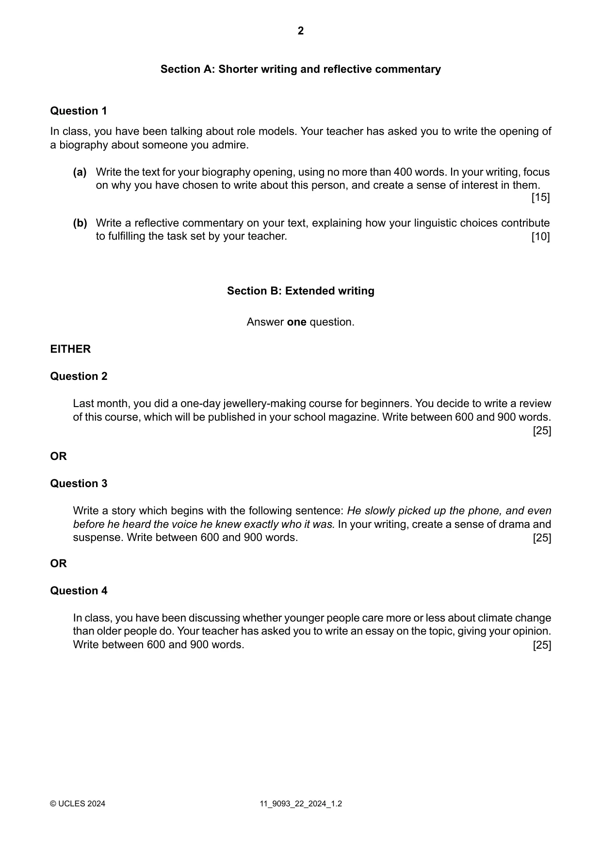 Cambridge A Level English - Language AS and A Level (from 2014) 9093 2024 Oct/Nov Paper 2 · Variant 2 question paper, page 2 of 4