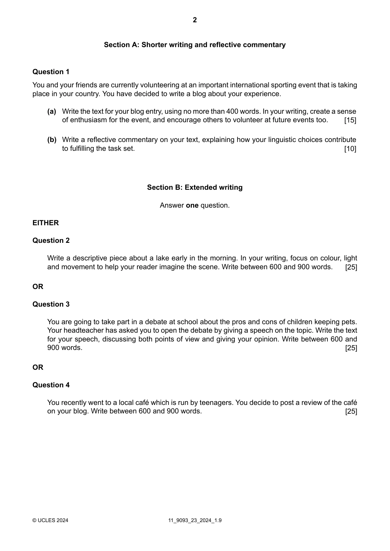 Cambridge A Level English - Language AS and A Level (from 2014) 9093 2024 Oct/Nov Paper 2 · Variant 3 question paper, page 2 of 4