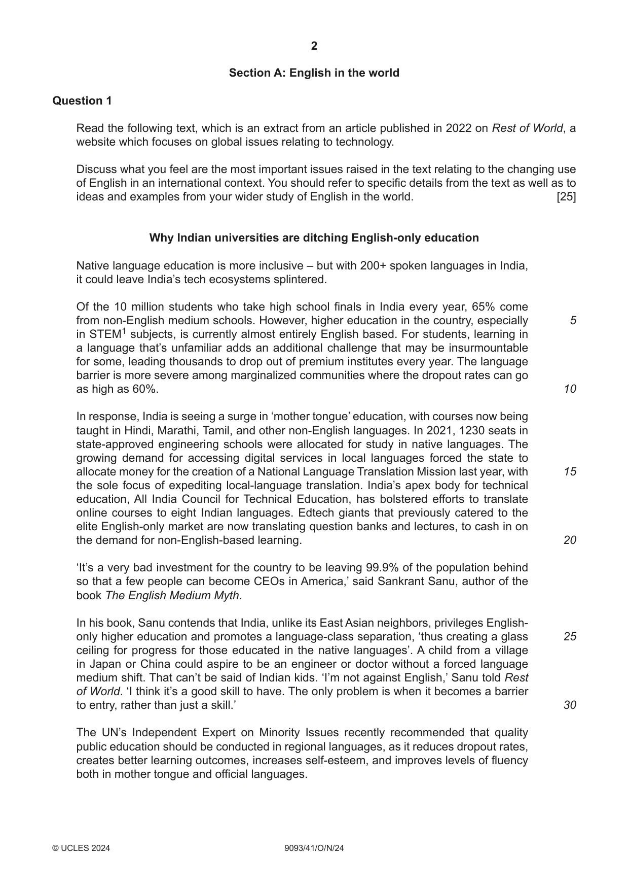 Cambridge A Level English - Language AS and A Level (from 2014) 9093 2024 Oct/Nov Paper 4 · Variant 1 question paper, page 2 of 8