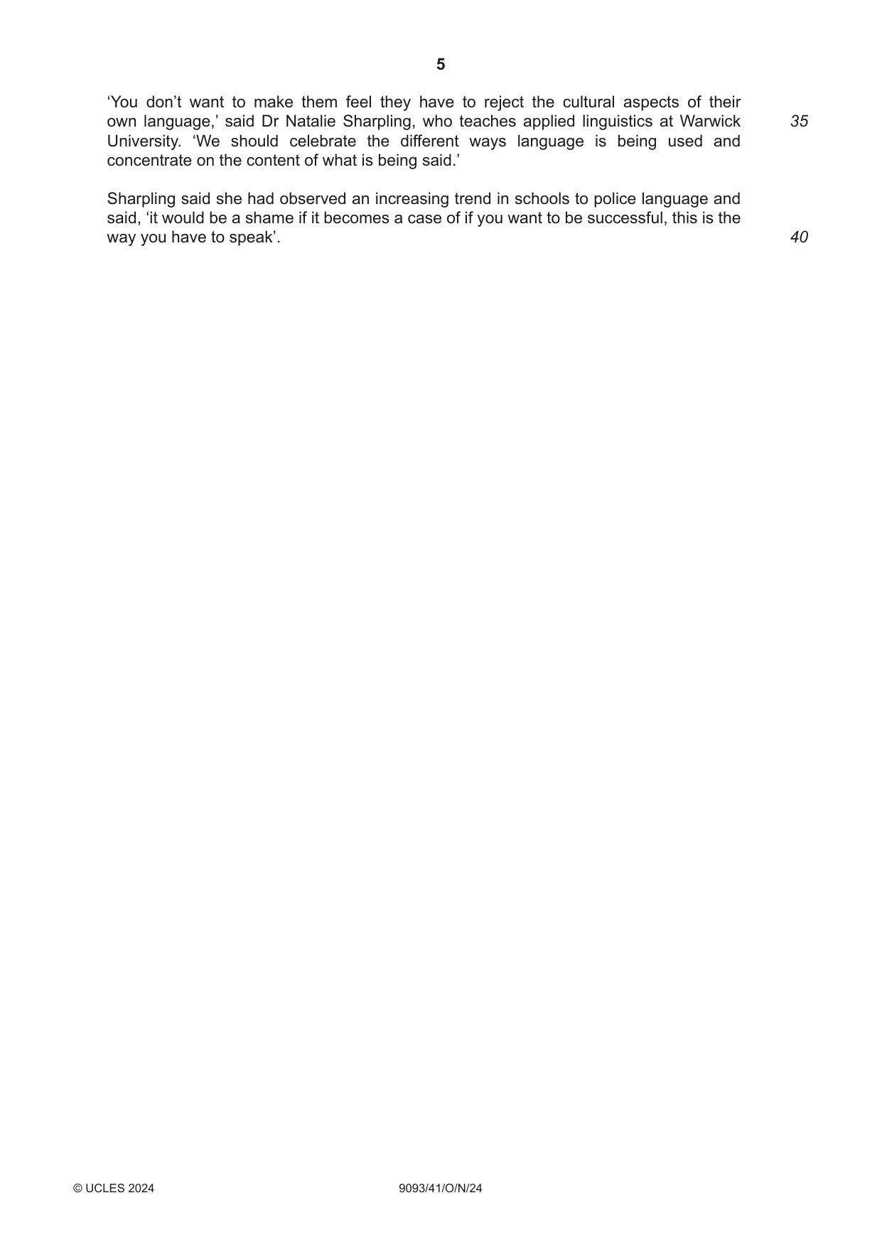 Cambridge A Level English - Language AS and A Level (from 2014) 9093 2024 Oct/Nov Paper 4 · Variant 1 question paper, page 5 of 8