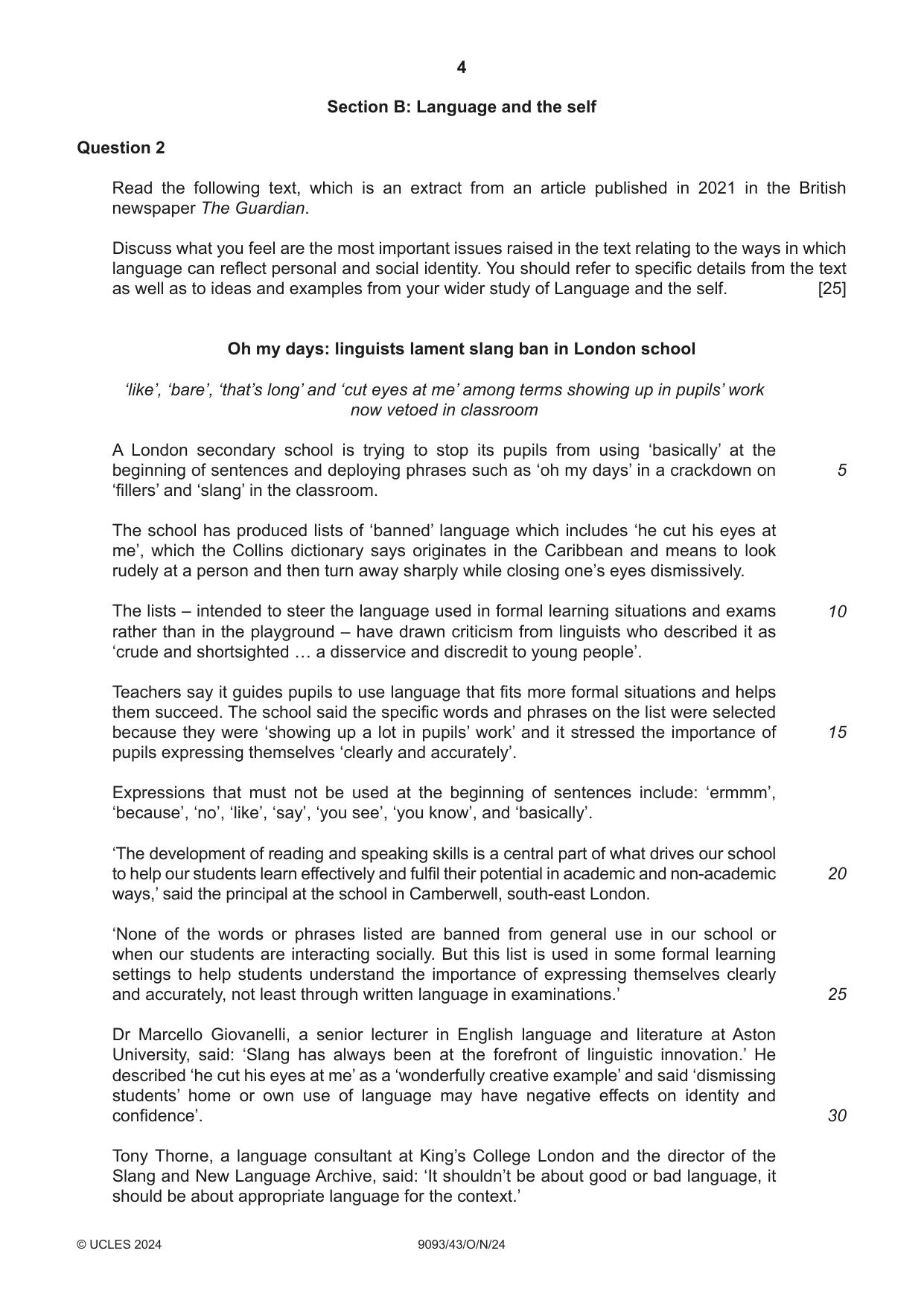 Cambridge A Level English - Language AS and A Level (from 2014) 9093 2024 Oct/Nov Paper 4 · Variant 3 question paper, page 4 of 8