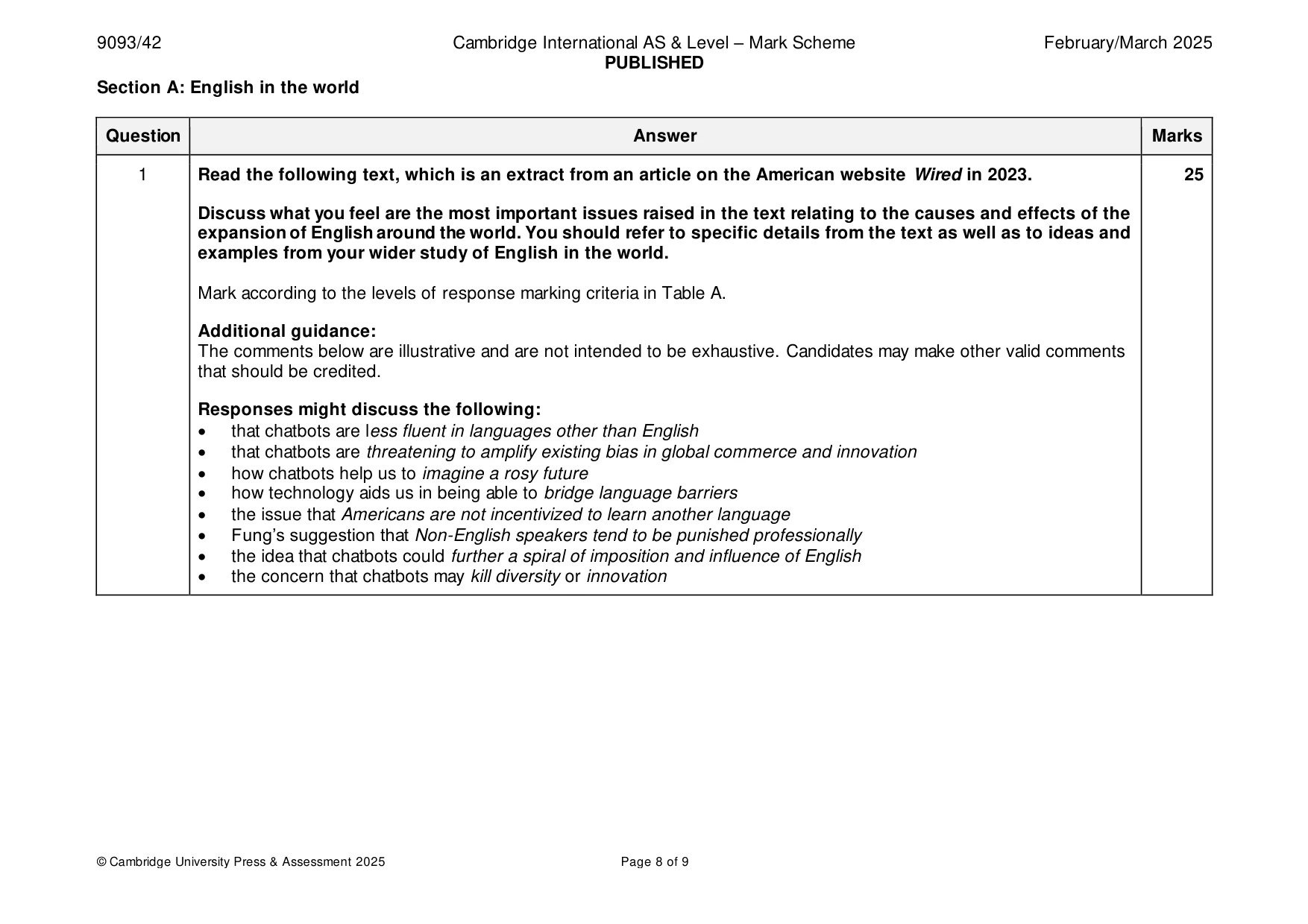 Mark scheme, page 8 of 9