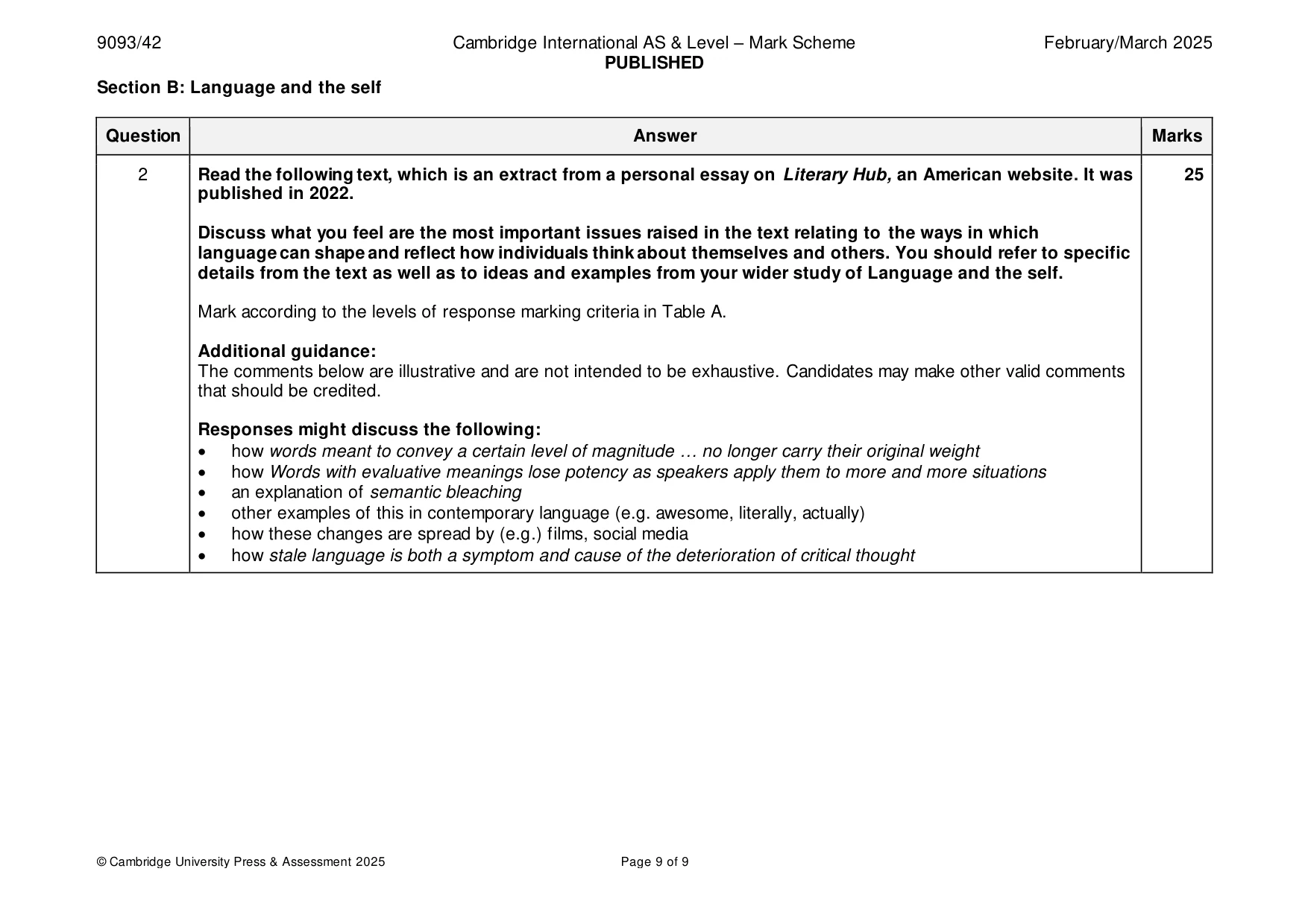Mark scheme, page 9 of 9