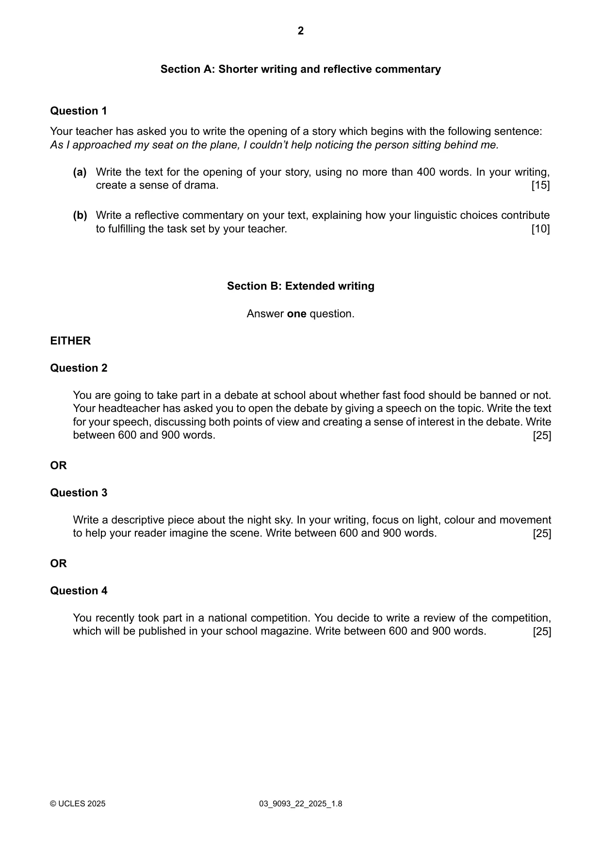 Cambridge A Level English - Language AS and A Level (from 2014) 9093 2025 Feb/March Paper 2 · Variant 2 question paper, page 2 of 4