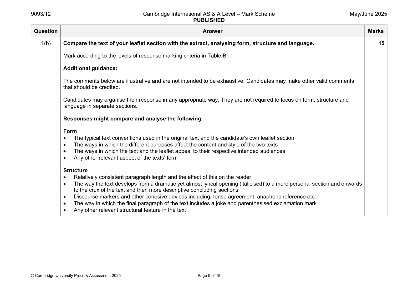 Mark scheme, page 9 of 18