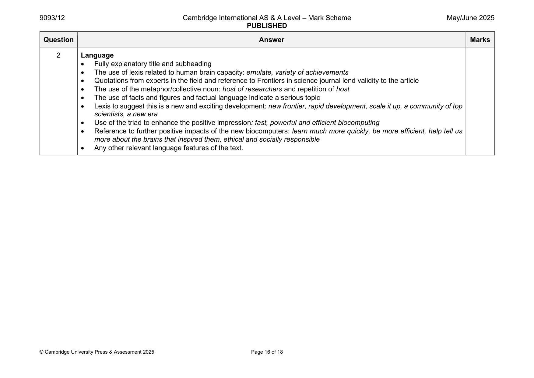 Mark scheme, page 16 of 18