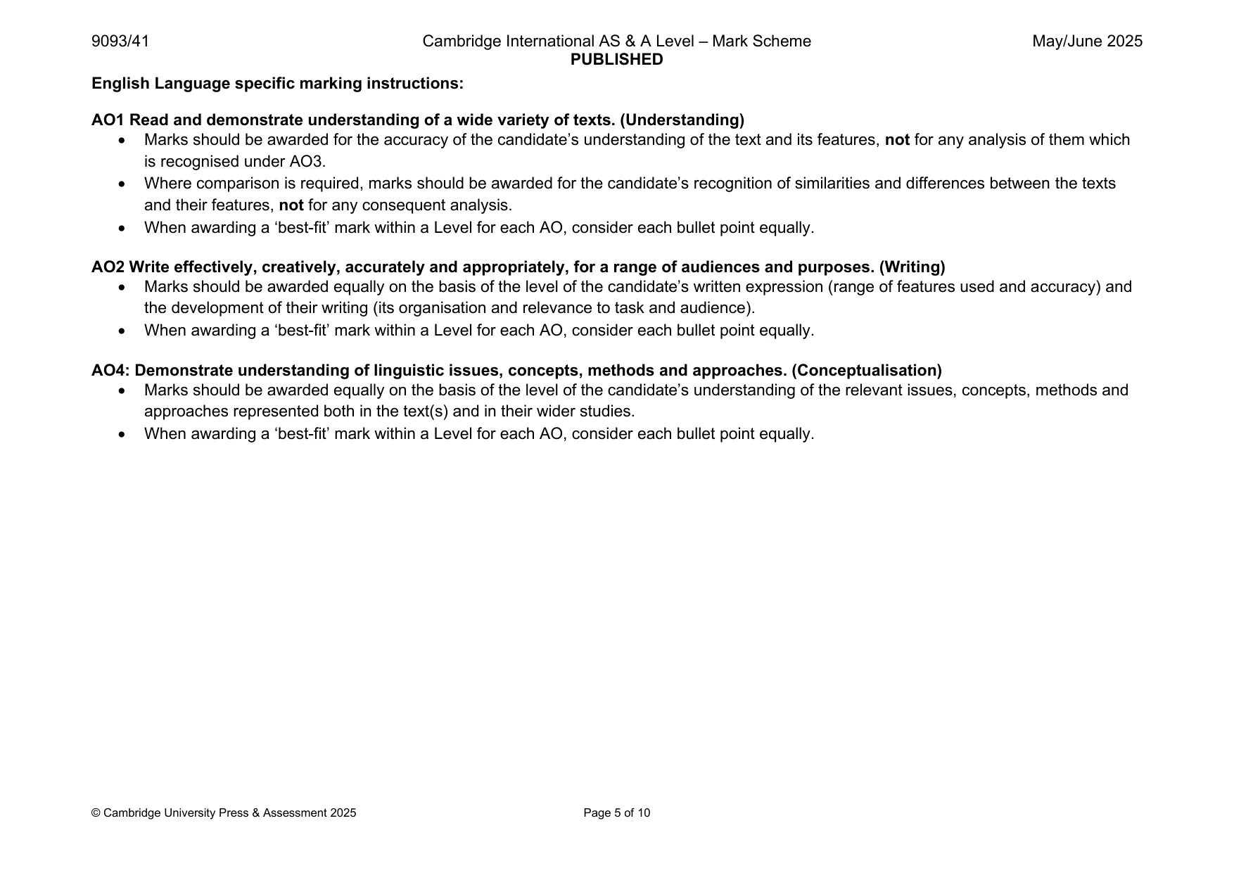 Mark scheme, page 5 of 10