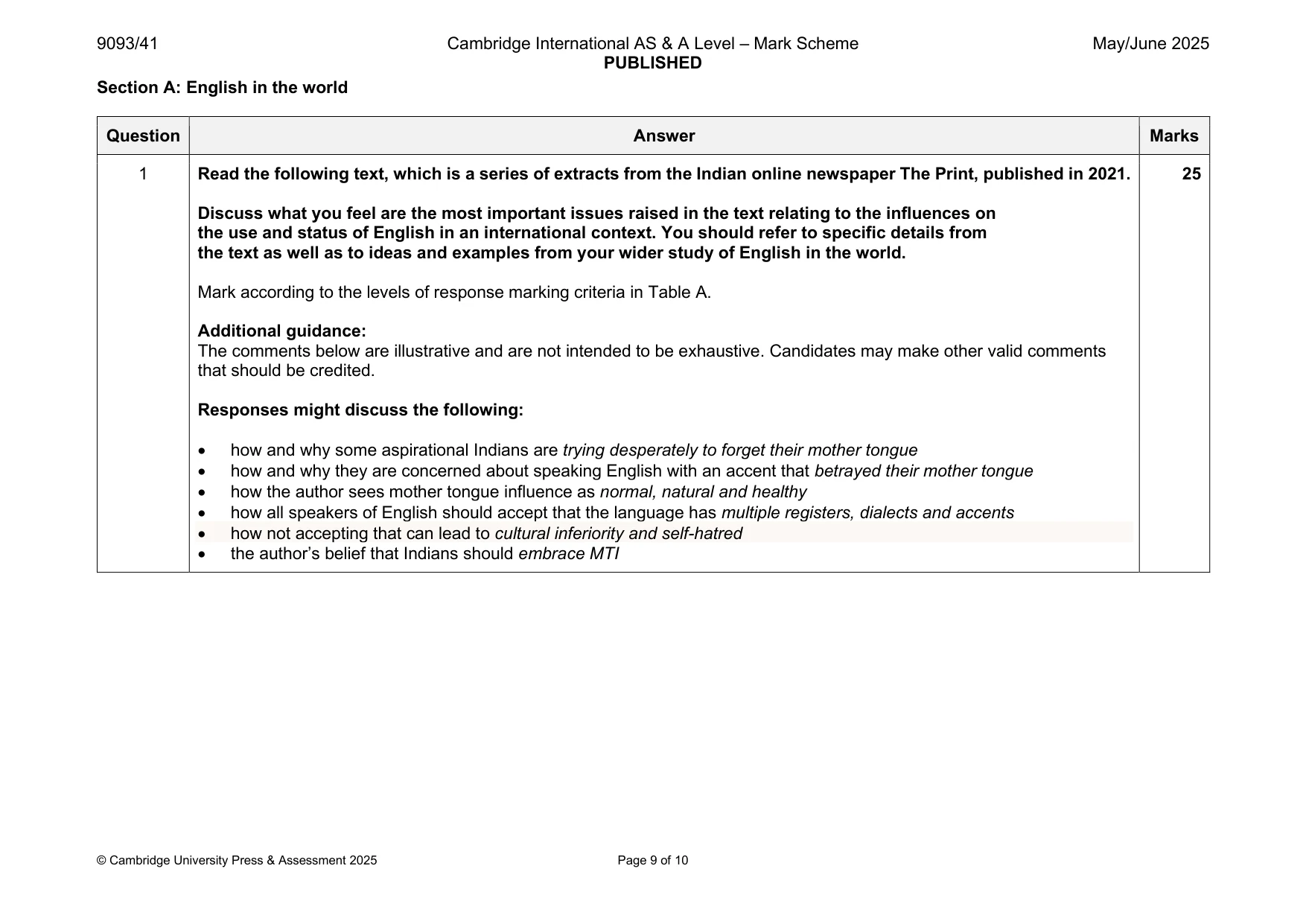 Mark scheme, page 9 of 10