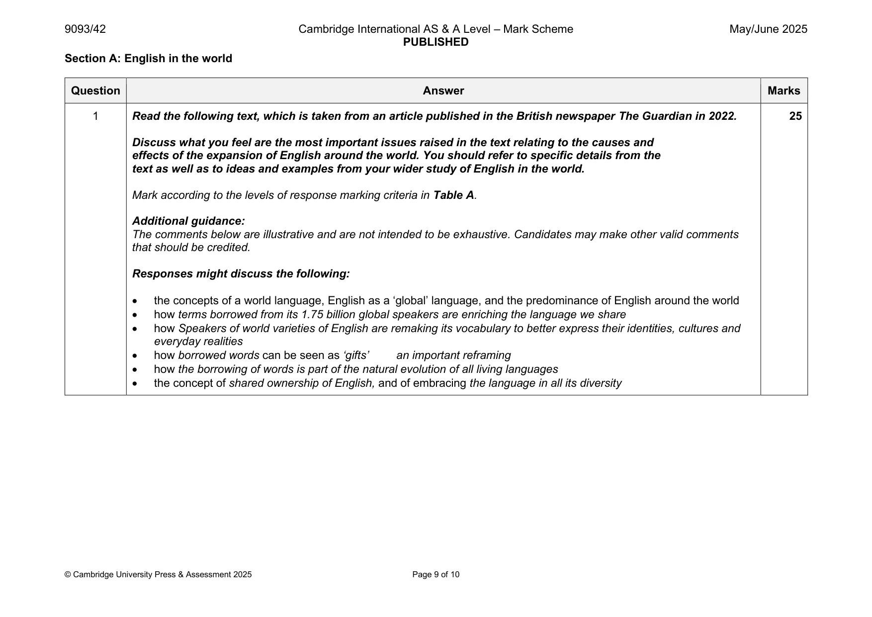 Mark scheme, page 9 of 10