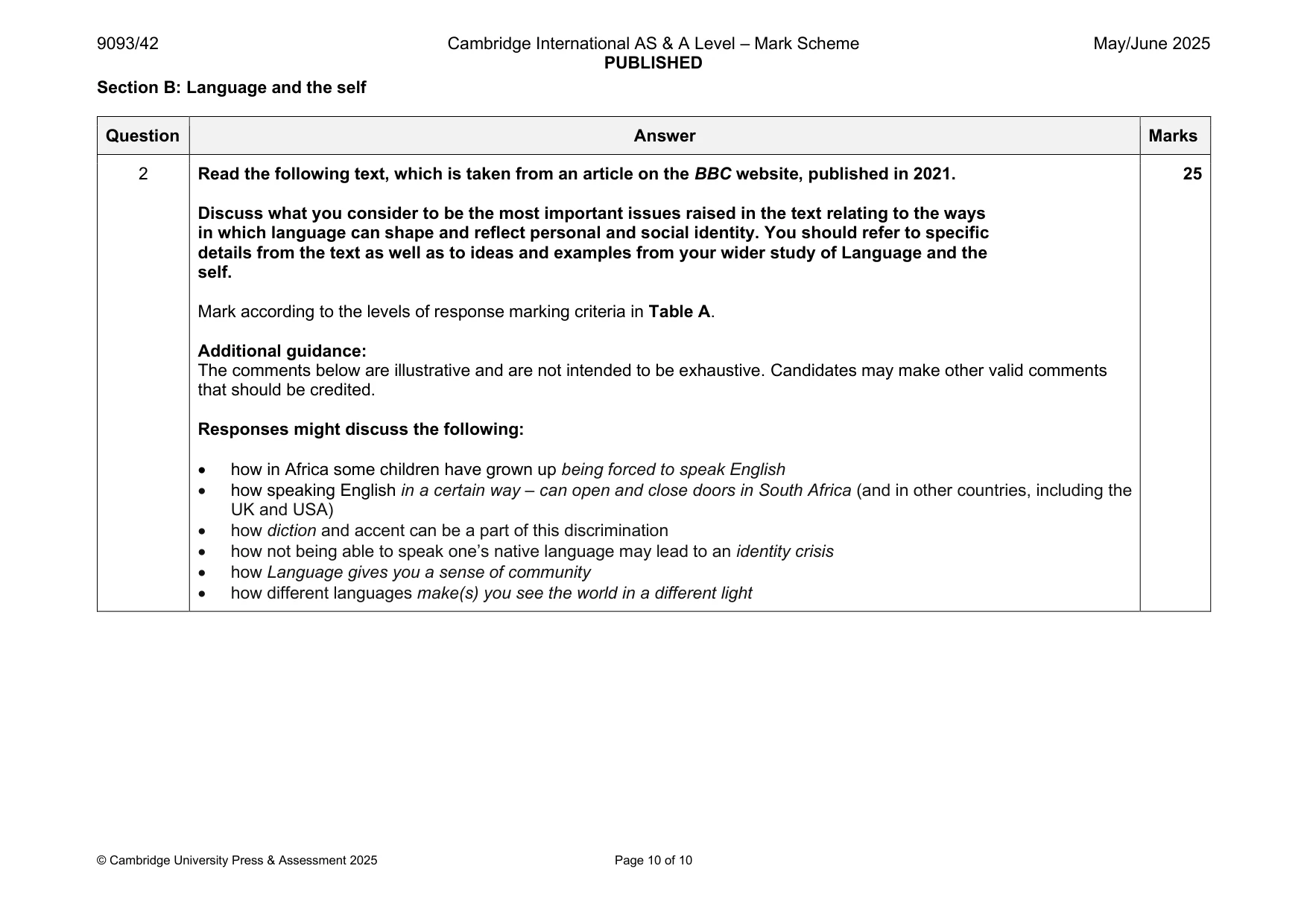 Mark scheme, page 10 of 10