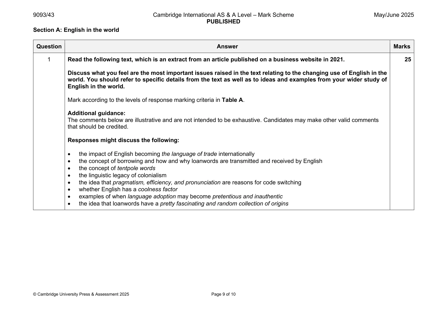 Mark scheme, page 9 of 10