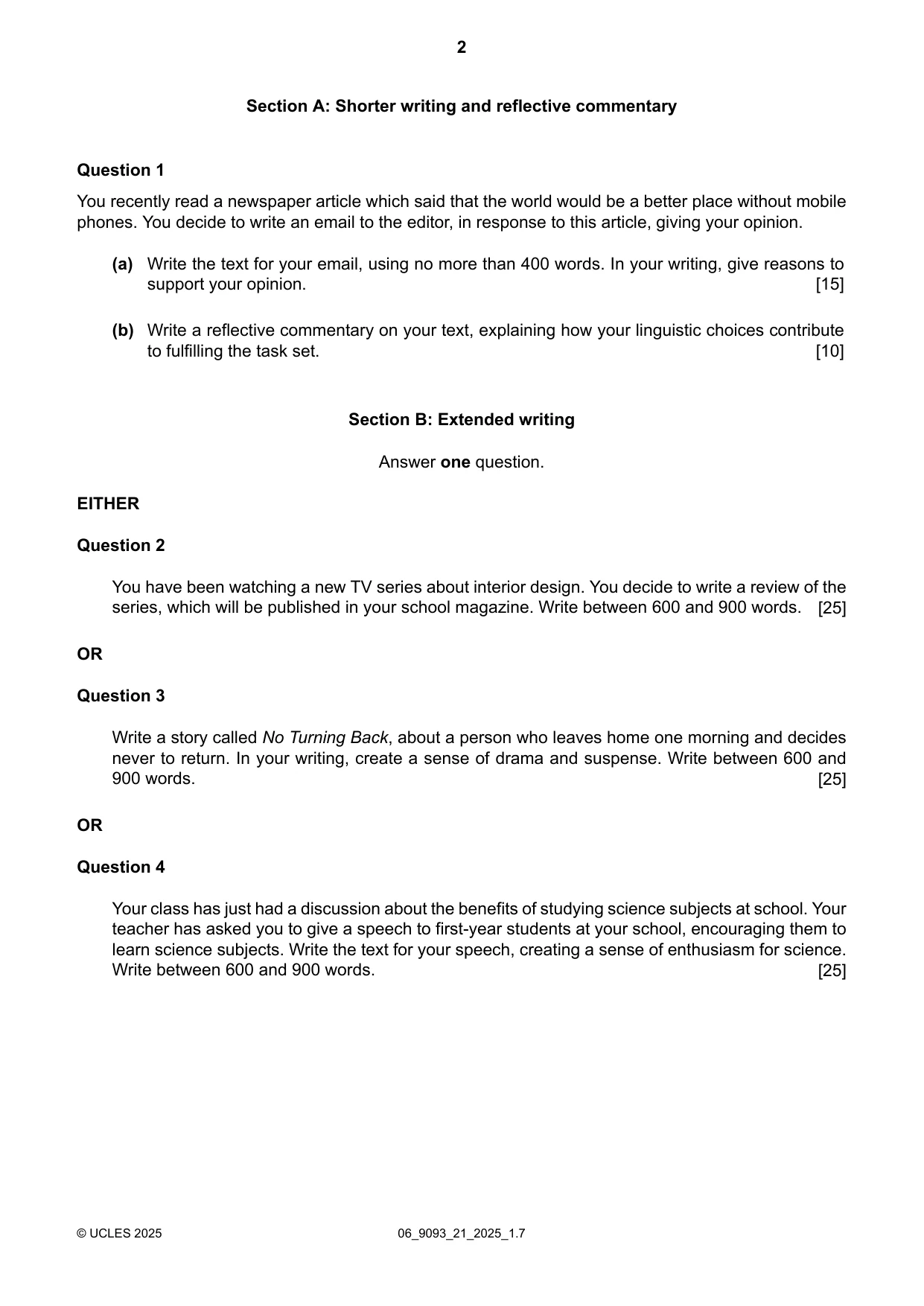 Cambridge A Level English - Language AS and A Level (from 2014) 9093 2025 May/June Paper 2 · Variant 1 question paper, page 2 of 4