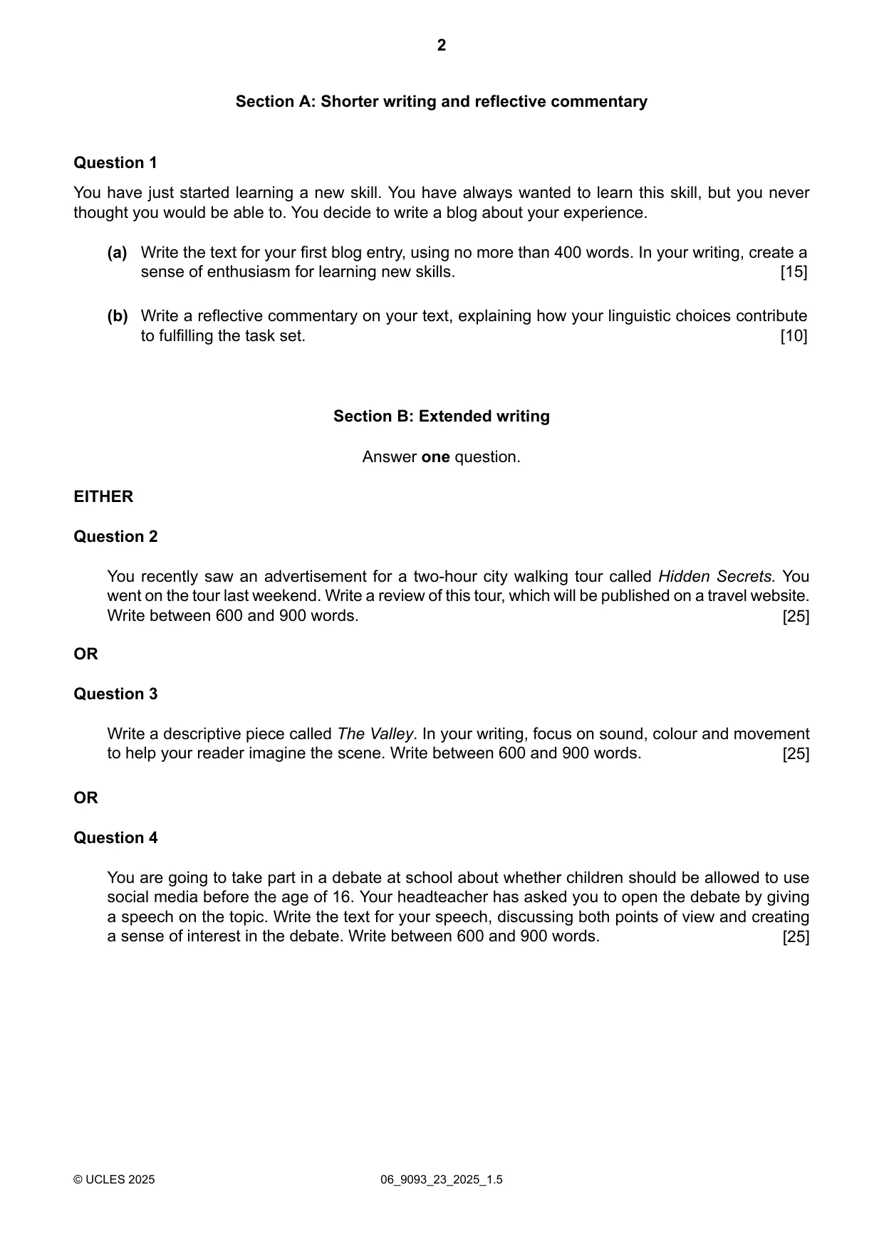 Cambridge A Level English - Language AS and A Level (from 2014) 9093 2025 May/June Paper 2 · Variant 3 question paper, page 2 of 4