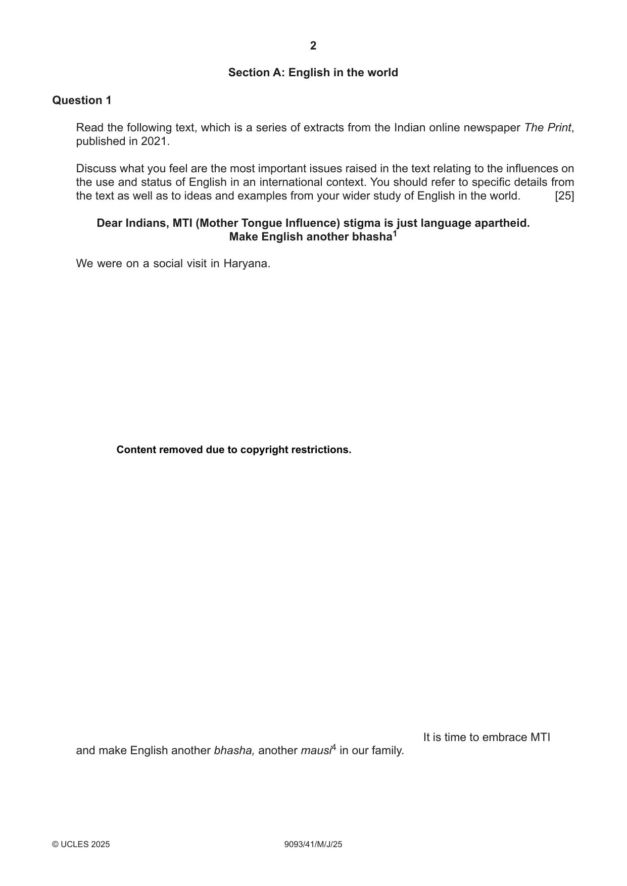 Cambridge A Level English - Language AS and A Level (from 2014) 9093 2025 May/June Paper 4 · Variant 1 question paper, page 2 of 4