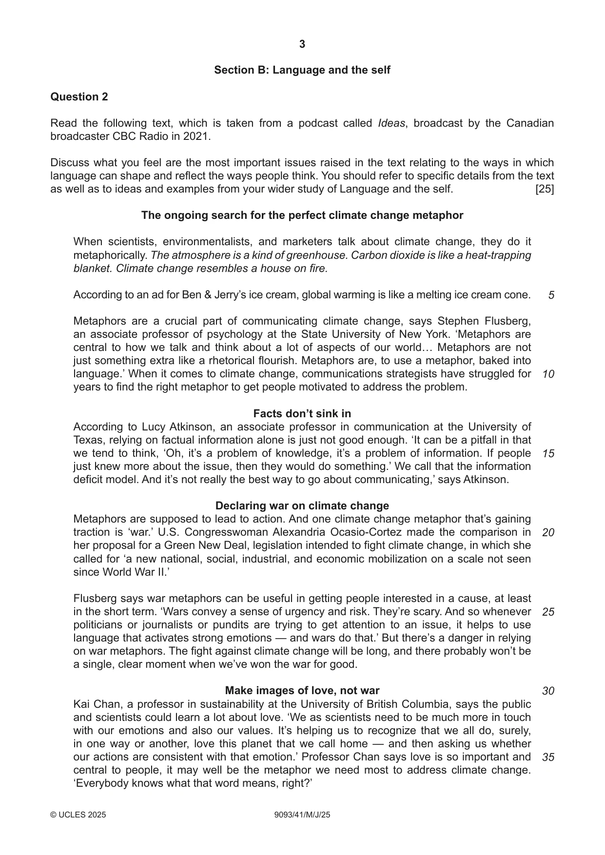 Cambridge A Level English - Language AS and A Level (from 2014) 9093 2025 May/June Paper 4 · Variant 1 question paper, page 3 of 4