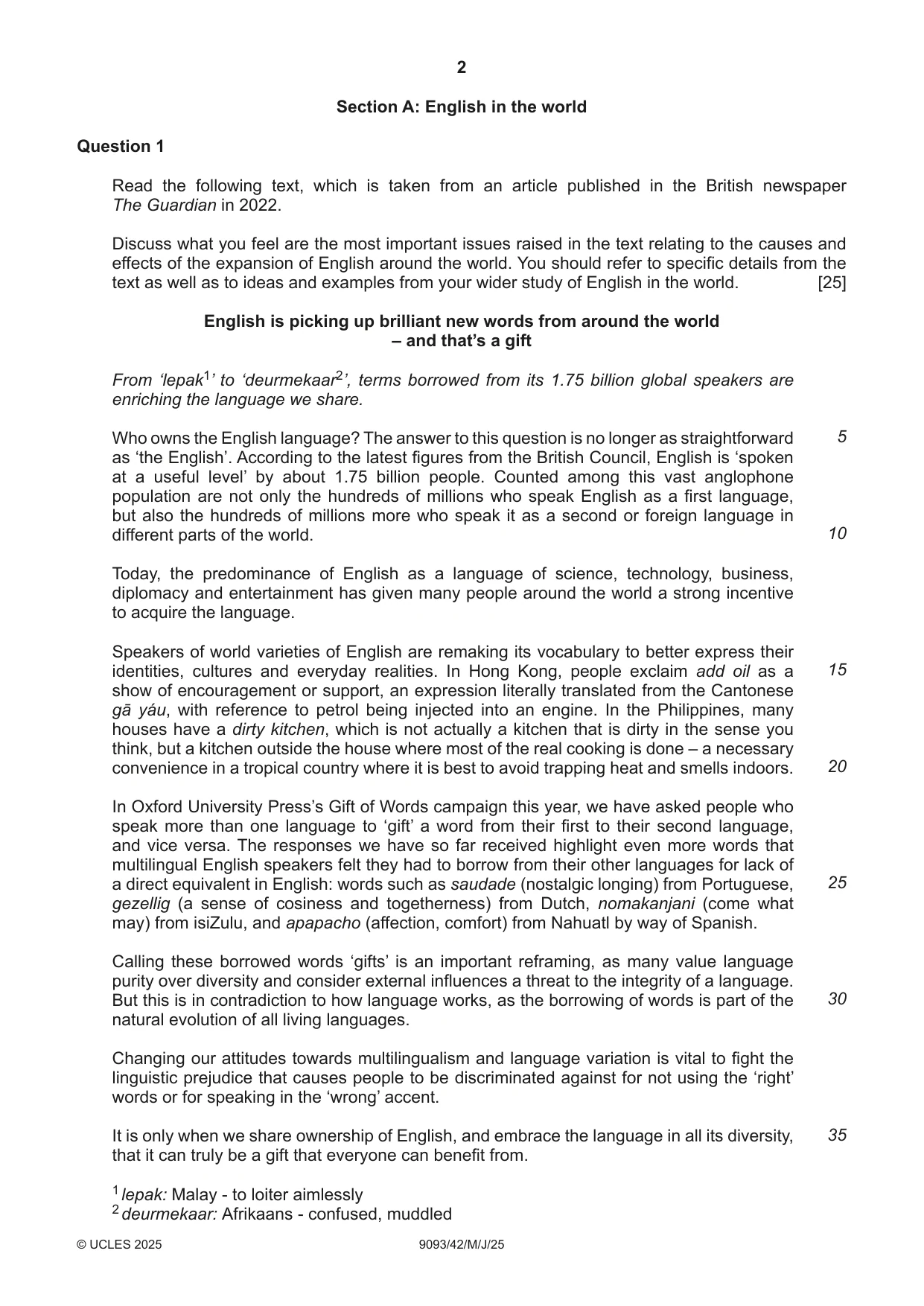 Cambridge A Level English - Language AS and A Level (from 2014) 9093 2025 May/June Paper 4 · Variant 2 question paper, page 2 of 4