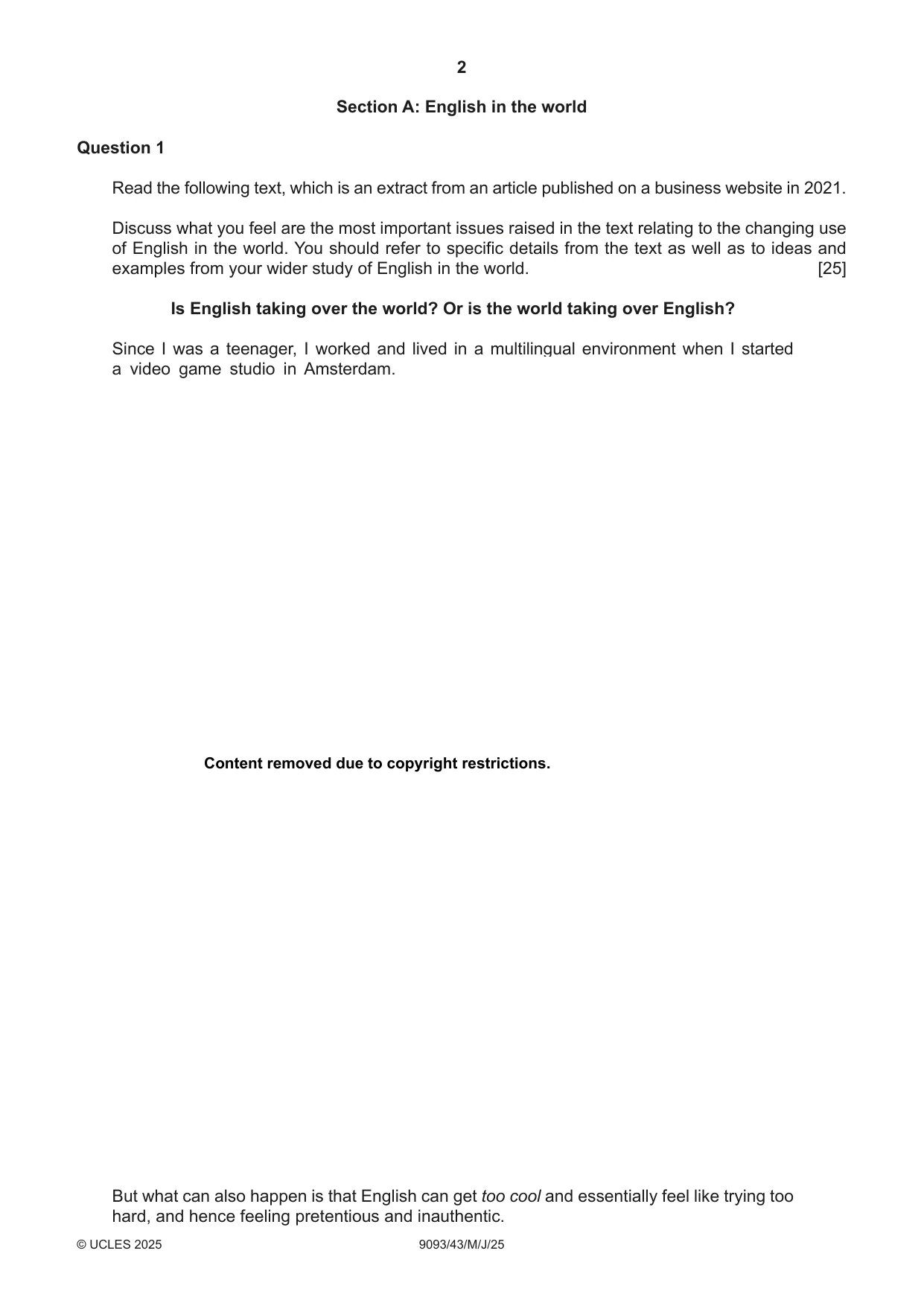 Cambridge A Level English - Language AS and A Level (from 2014) 9093 2025 May/June Paper 4 · Variant 3 question paper, page 2 of 4